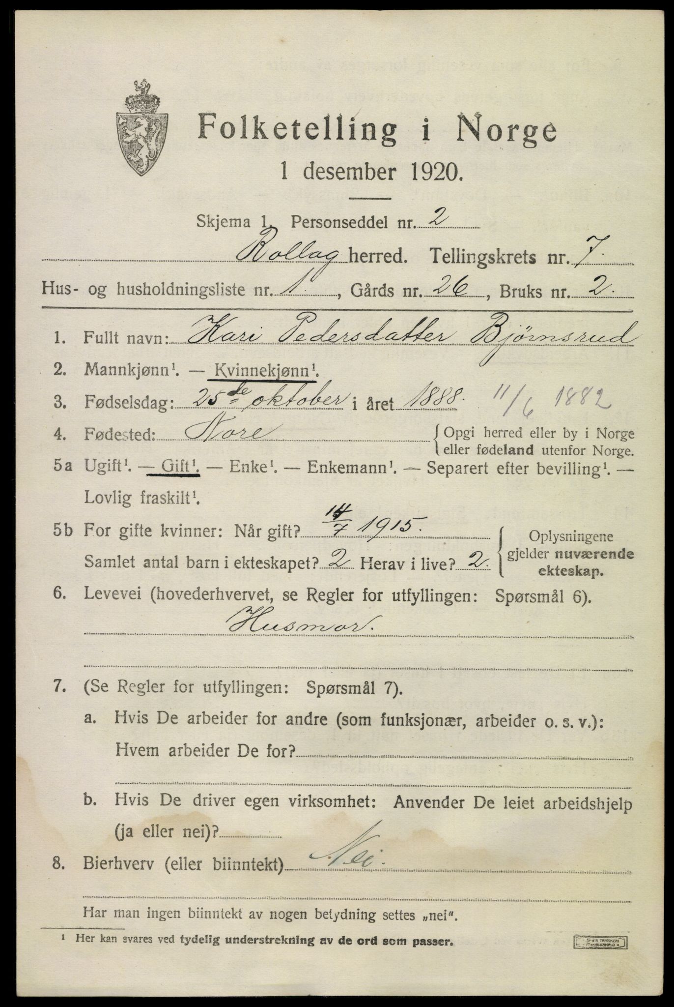 SAKO, 1920 census for Rollag, 1920, p. 2494