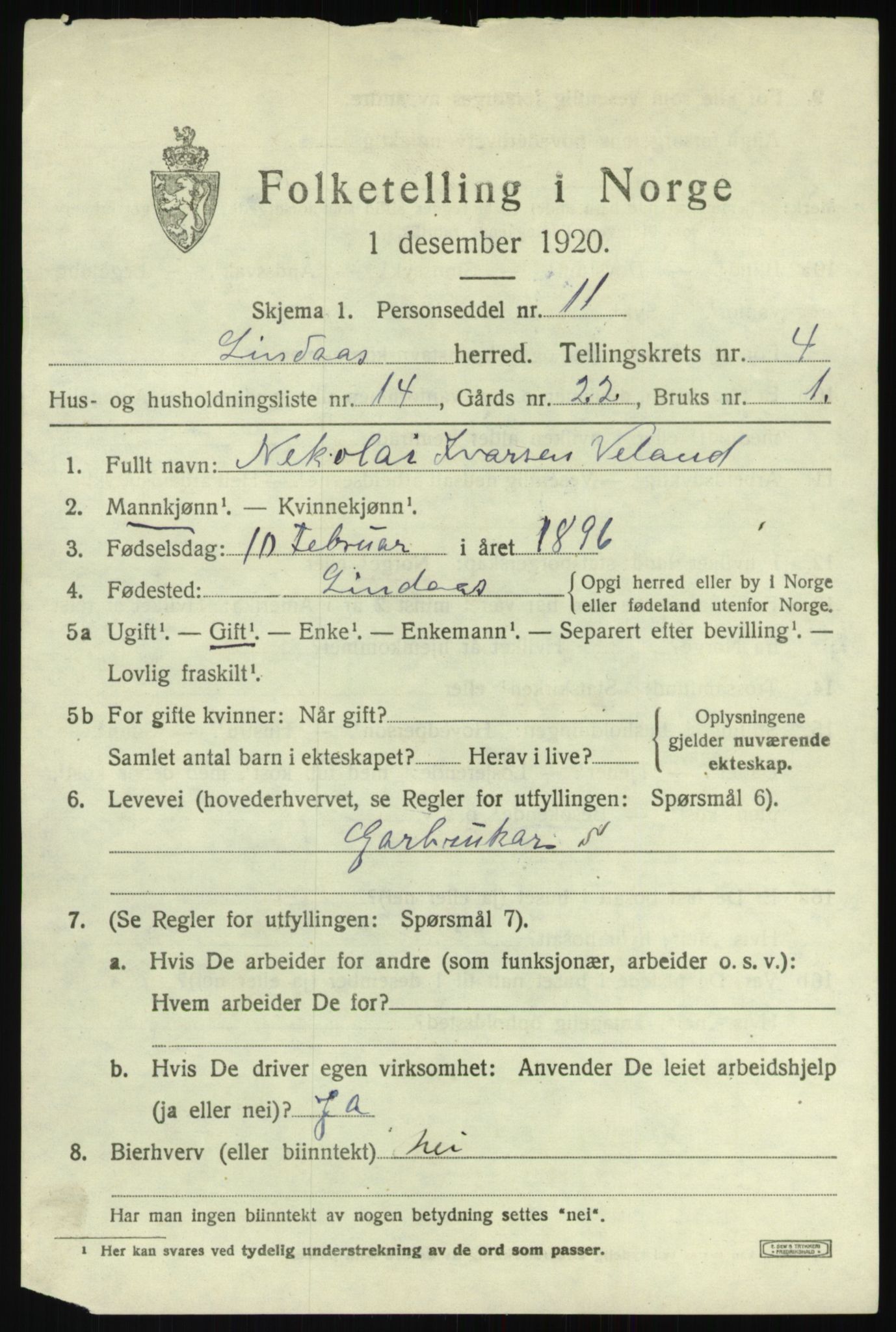 SAB, 1920 census for Lindås, 1920, p. 2829