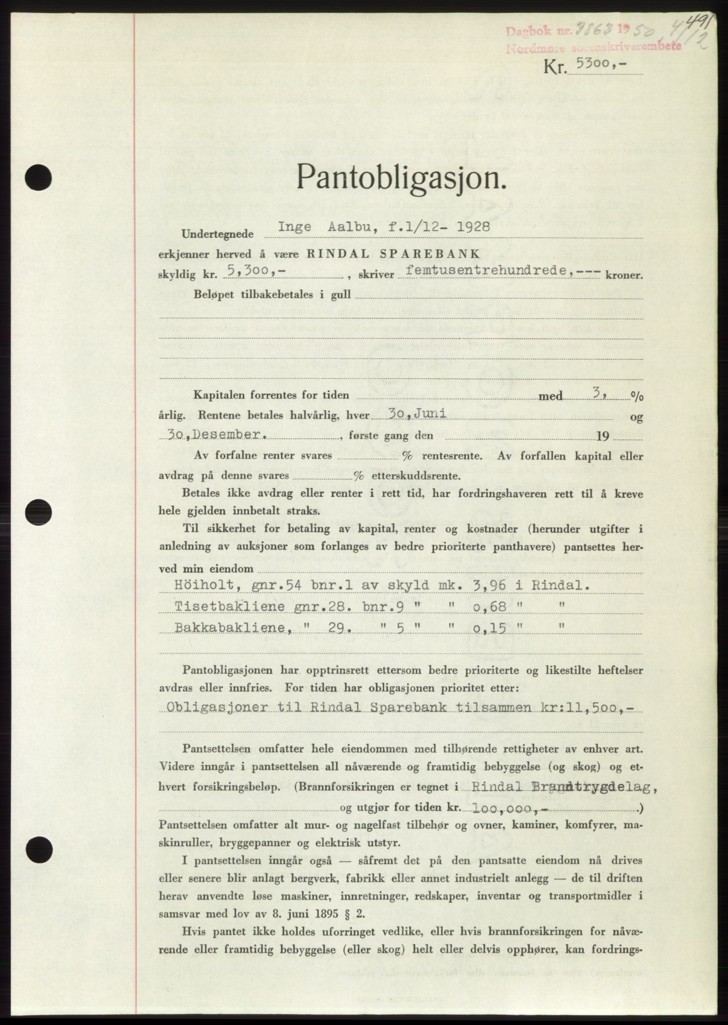 Nordmøre sorenskriveri, AV/SAT-A-4132/1/2/2Ca: Mortgage book no. B106, 1950-1950, Diary no: : 3863/1950