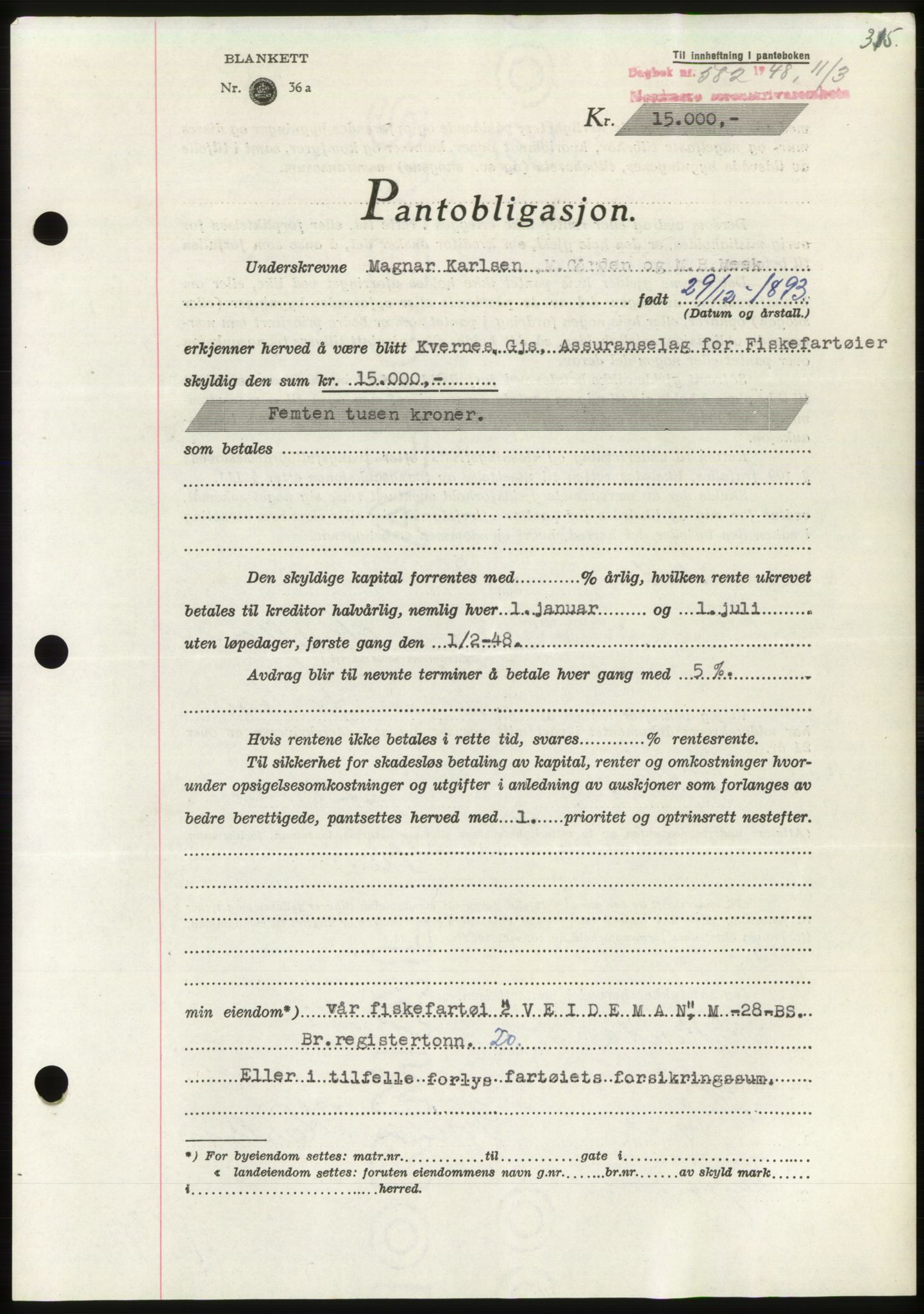 Nordmøre sorenskriveri, AV/SAT-A-4132/1/2/2Ca: Mortgage book no. B98, 1948-1948, Diary no: : 582/1948