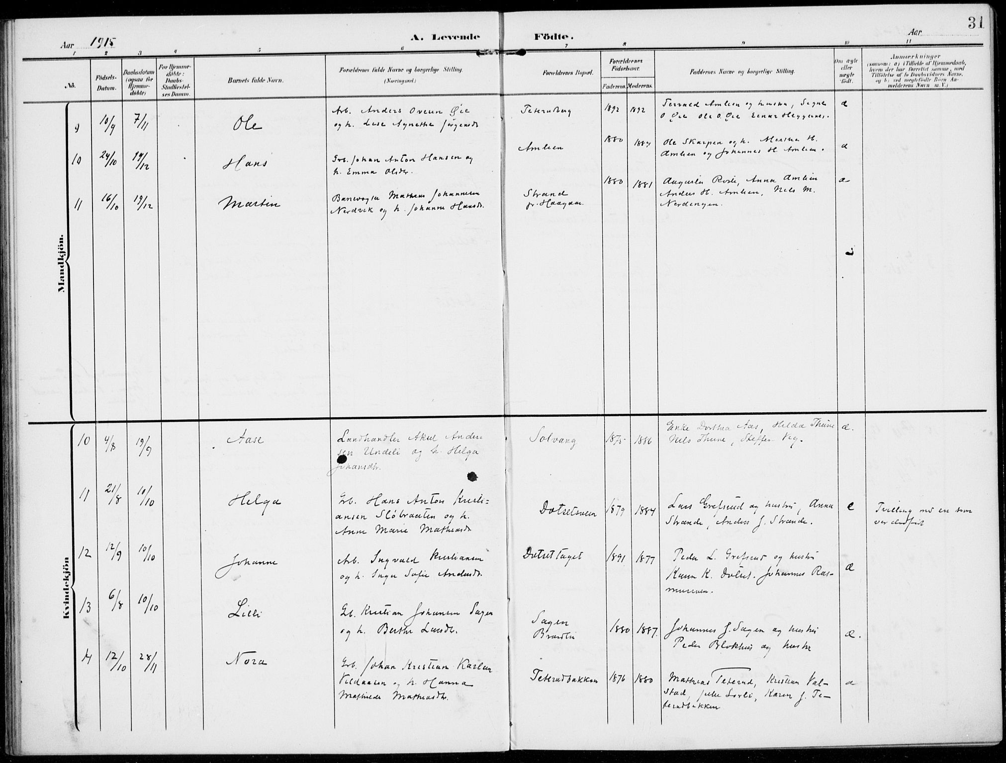 Kolbu prestekontor, SAH/PREST-110/H/Ha/Haa/L0001: Parish register (official) no. 1, 1907-1923, p. 31