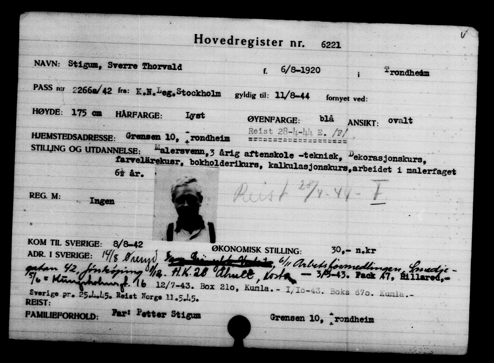 Utenriksstasjonene, Legasjonen i Stockholm, Flyktningkontoret, AV/RA-S-6753/V/Va/L0004: Kjesäterkartoteket, flyktninger med registreringsnr. 3496-6610, 1940-1945, p. 3208