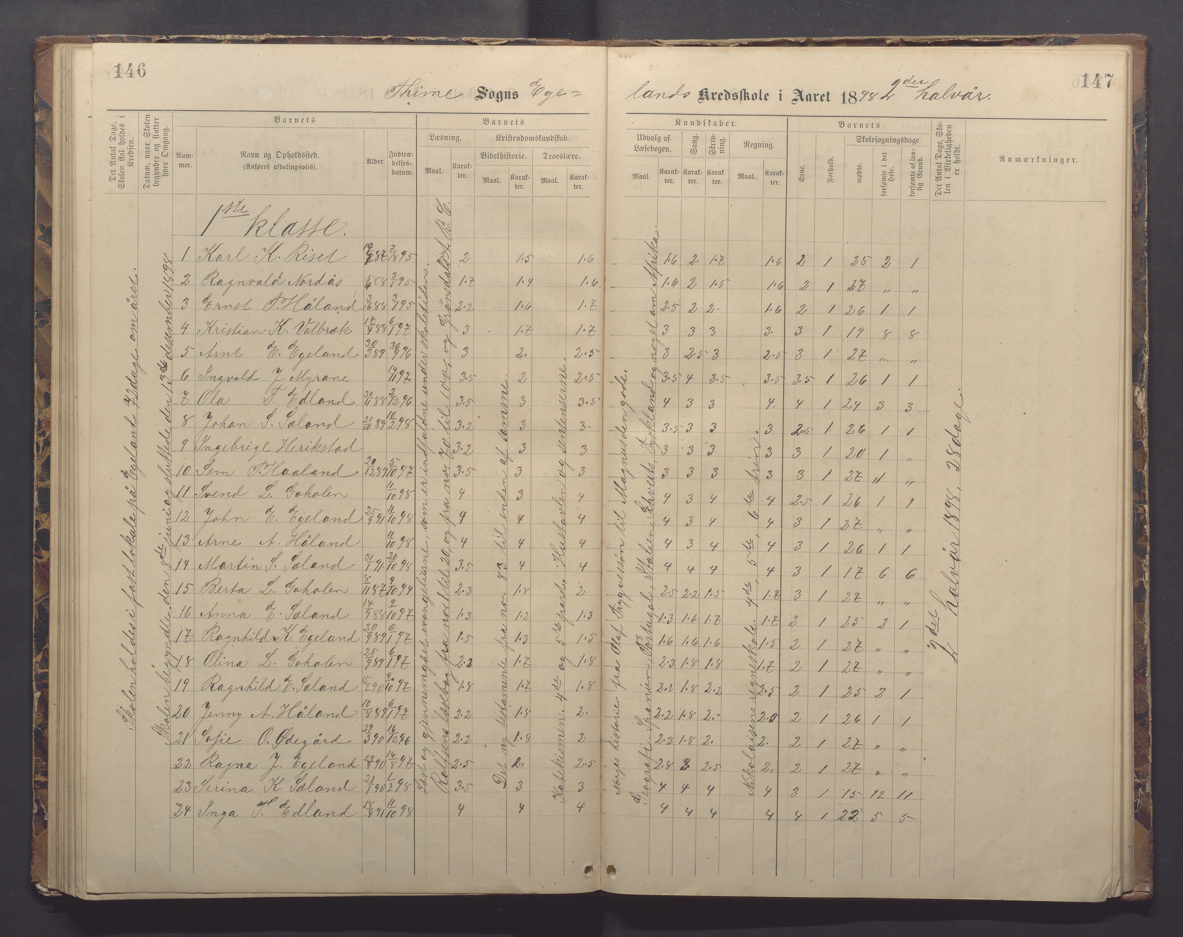 Time kommune - Eikeland skole, IKAR/K-100799/H/L0002: Skoleprotokoll, 1888-1902, p. 146-147