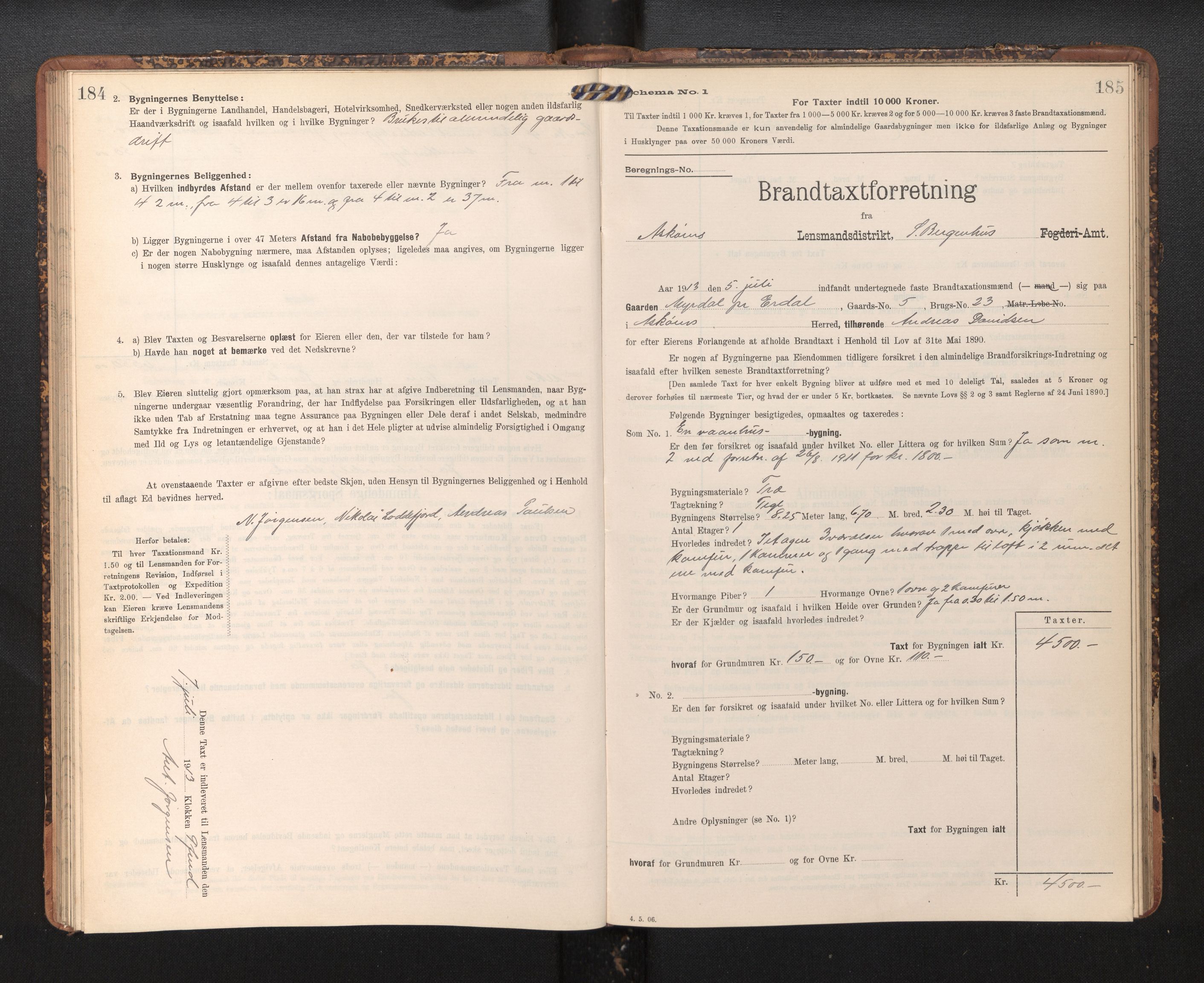 Lensmannen i Askøy, AV/SAB-A-31001/0012/L0005: Branntakstprotokoll, skjematakst, 1907-1915, p. 184-185