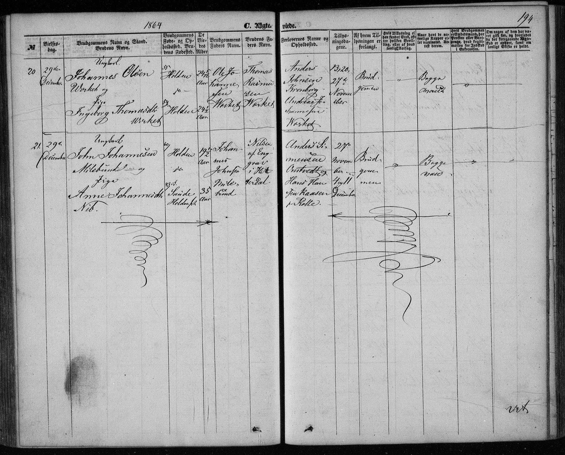 Holla kirkebøker, AV/SAKO-A-272/F/Fa/L0006: Parish register (official) no. 6, 1861-1869, p. 194