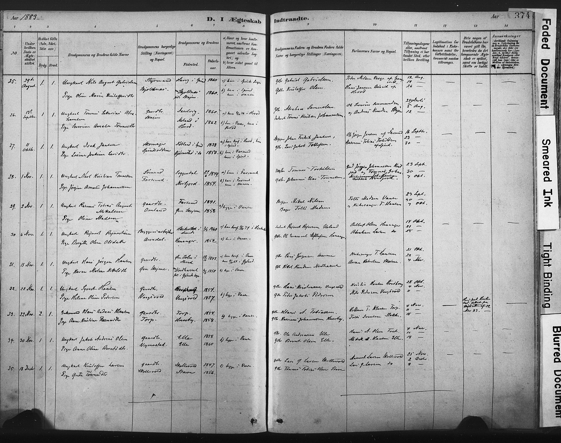 Lista sokneprestkontor, AV/SAK-1111-0027/F/Fa/L0012: Parish register (official) no. A 12, 1879-1903, p. 374