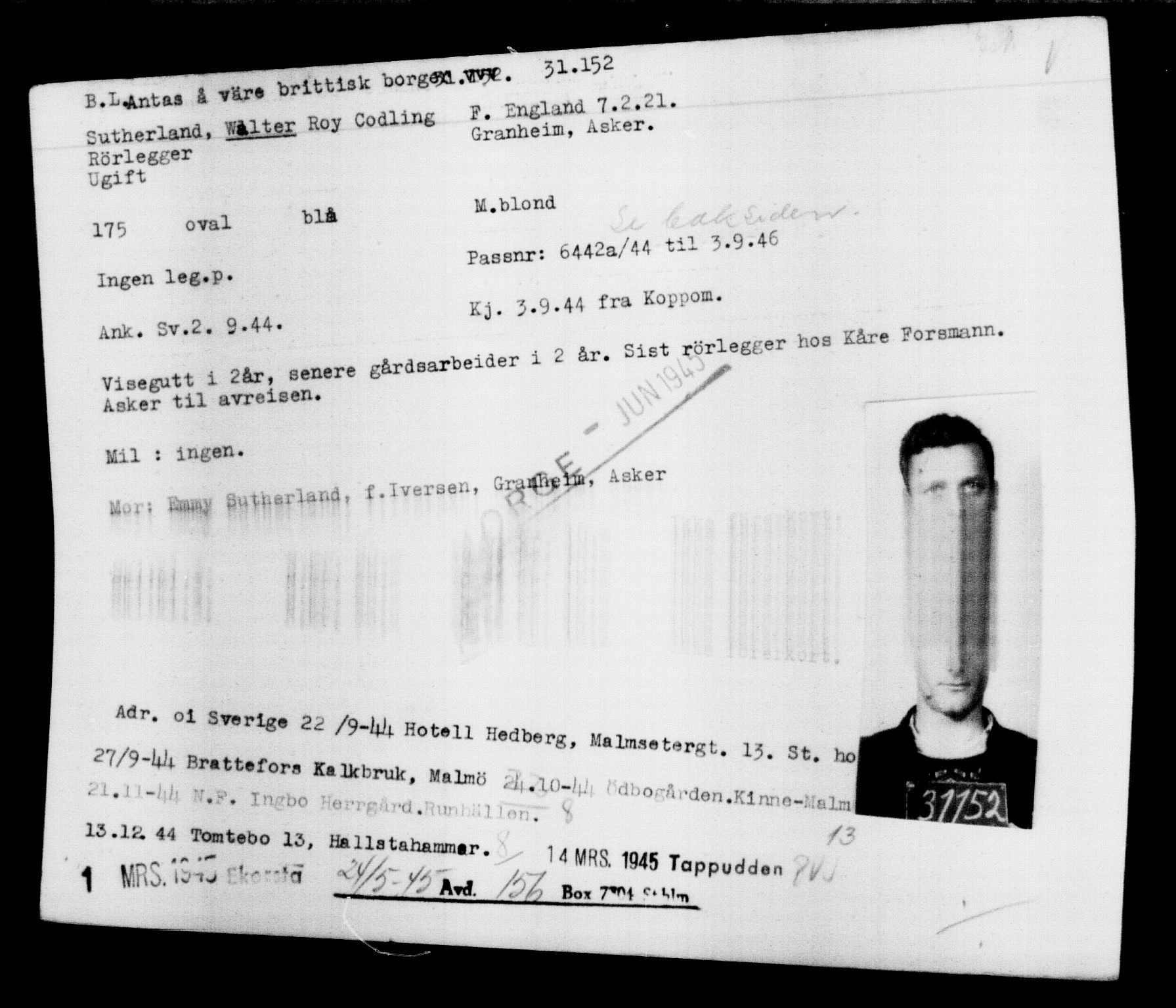 Utenriksstasjonene, Legasjonen i Stockholm, Flyktningkontoret, AV/RA-S-6753/V/Va/L0012: Kjesäterkartoteket, flyktninger med registreringsnr. 28300-31566, 1940-1945, p. 3090