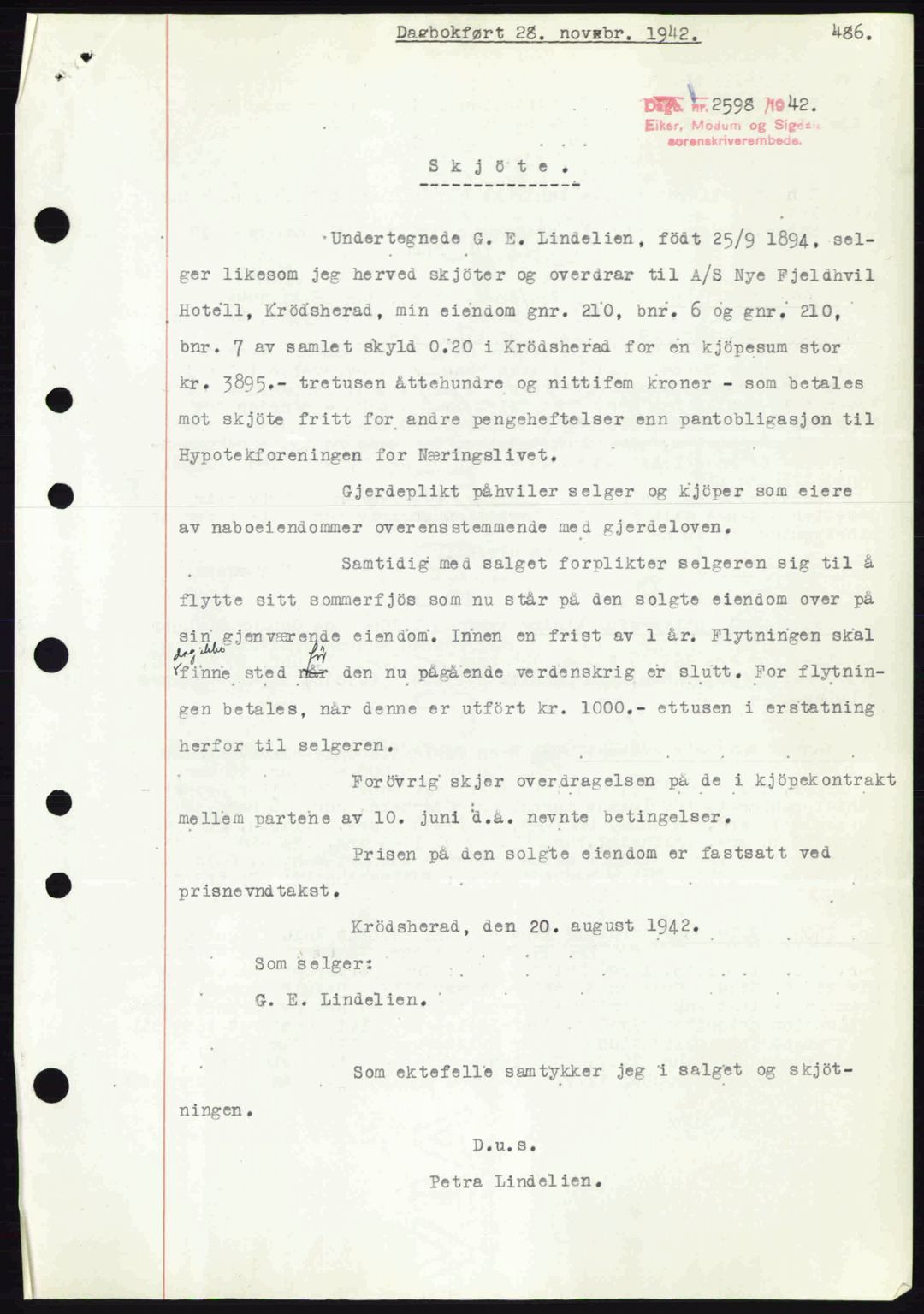 Eiker, Modum og Sigdal sorenskriveri, SAKO/A-123/G/Ga/Gab/L0047: Mortgage book no. A17, 1942-1943, Diary no: : 2598/1942