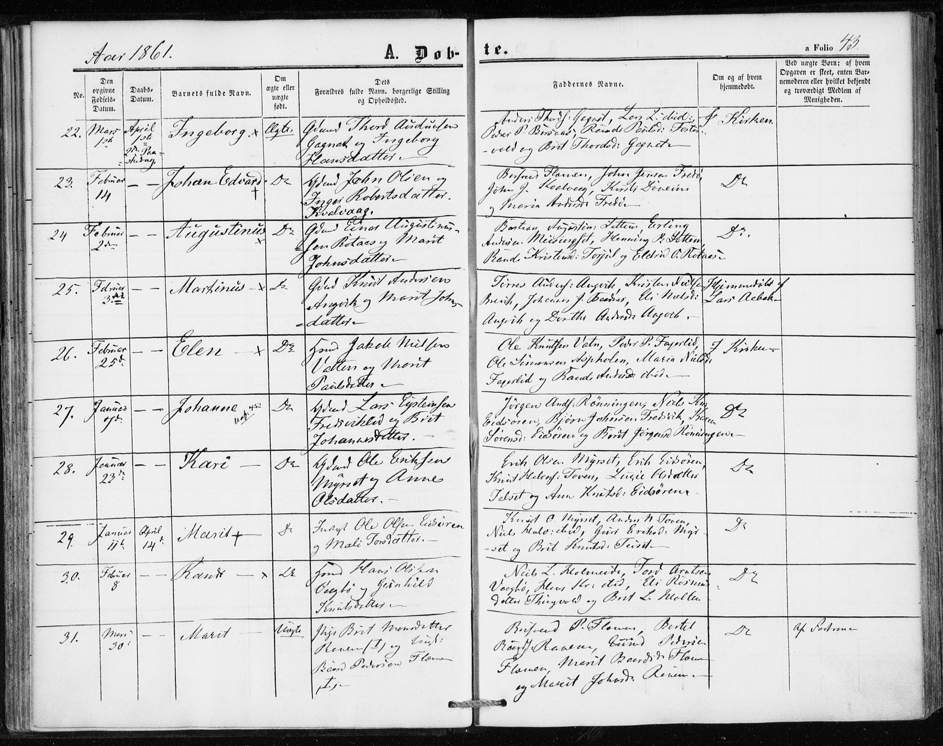 Ministerialprotokoller, klokkerbøker og fødselsregistre - Møre og Romsdal, AV/SAT-A-1454/586/L0985: Parish register (official) no. 586A11, 1857-1866, p. 43