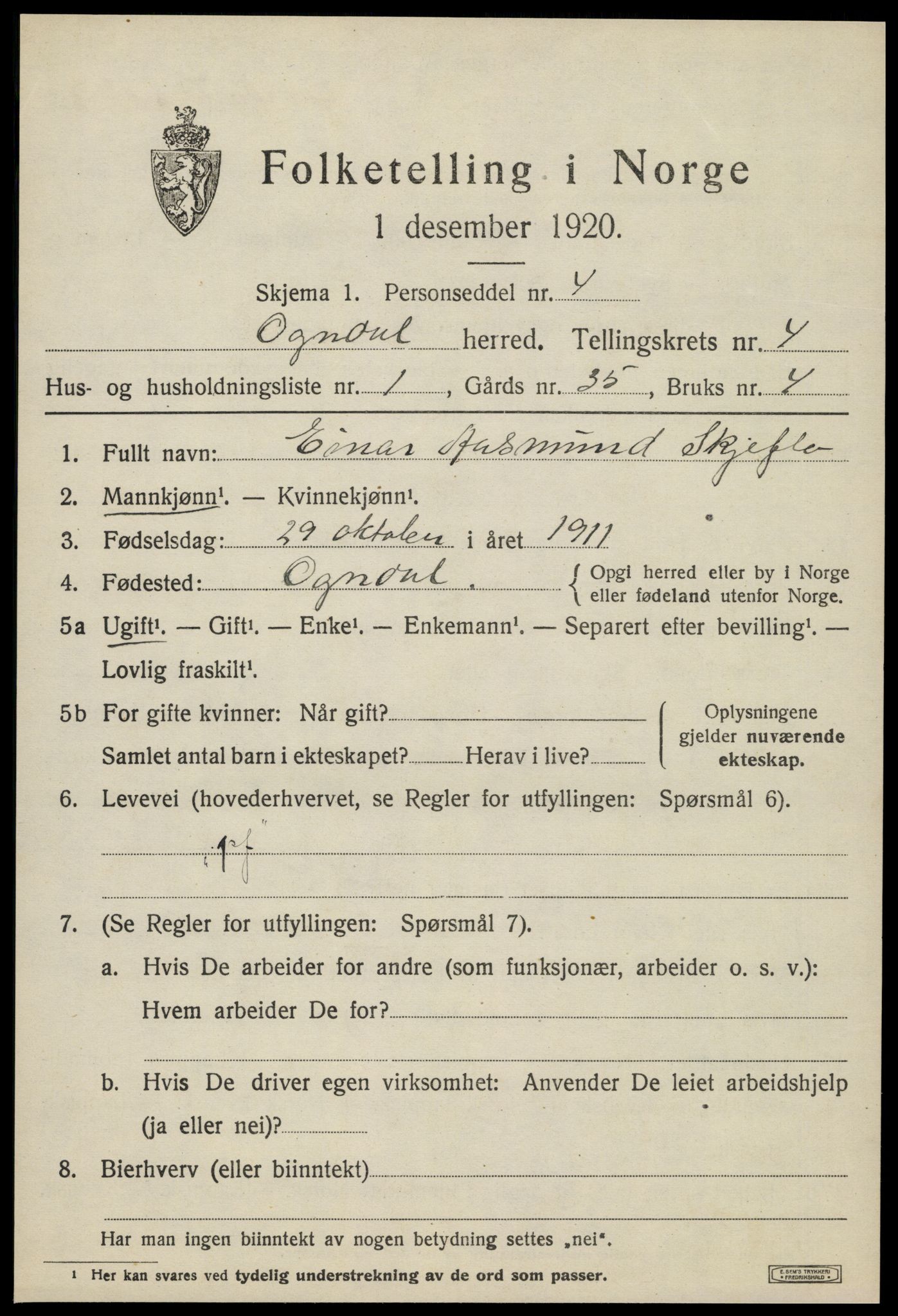 SAT, 1920 census for Ogndal, 1920, p. 1375