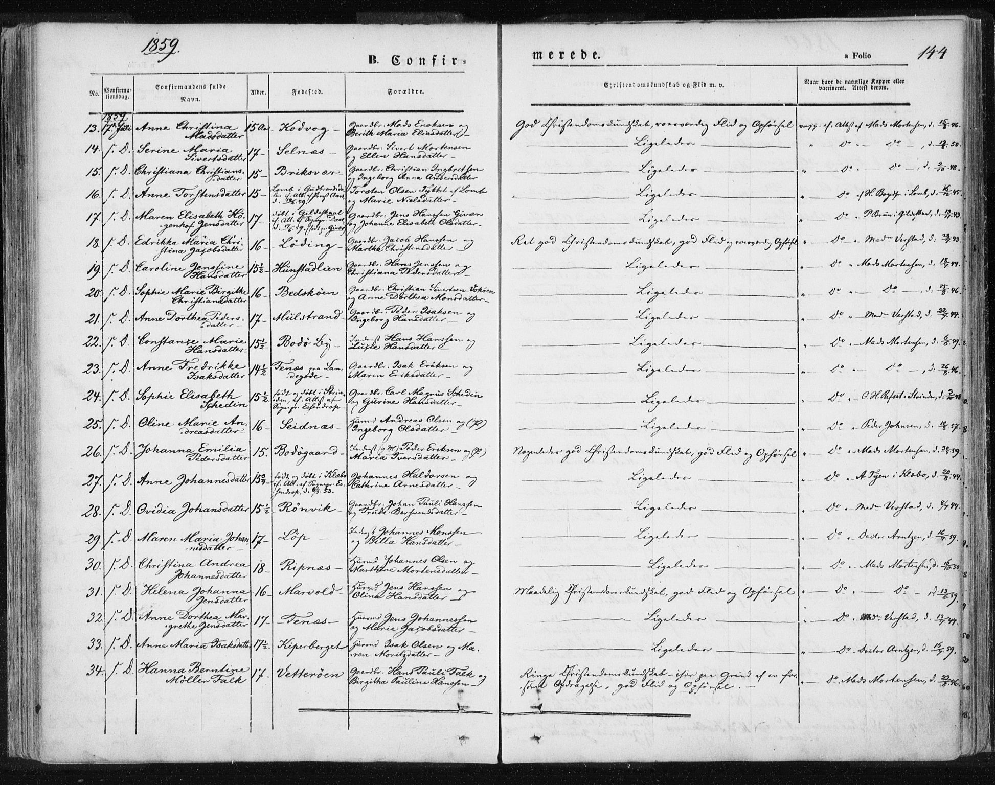 Ministerialprotokoller, klokkerbøker og fødselsregistre - Nordland, SAT/A-1459/801/L0007: Parish register (official) no. 801A07, 1845-1863, p. 144