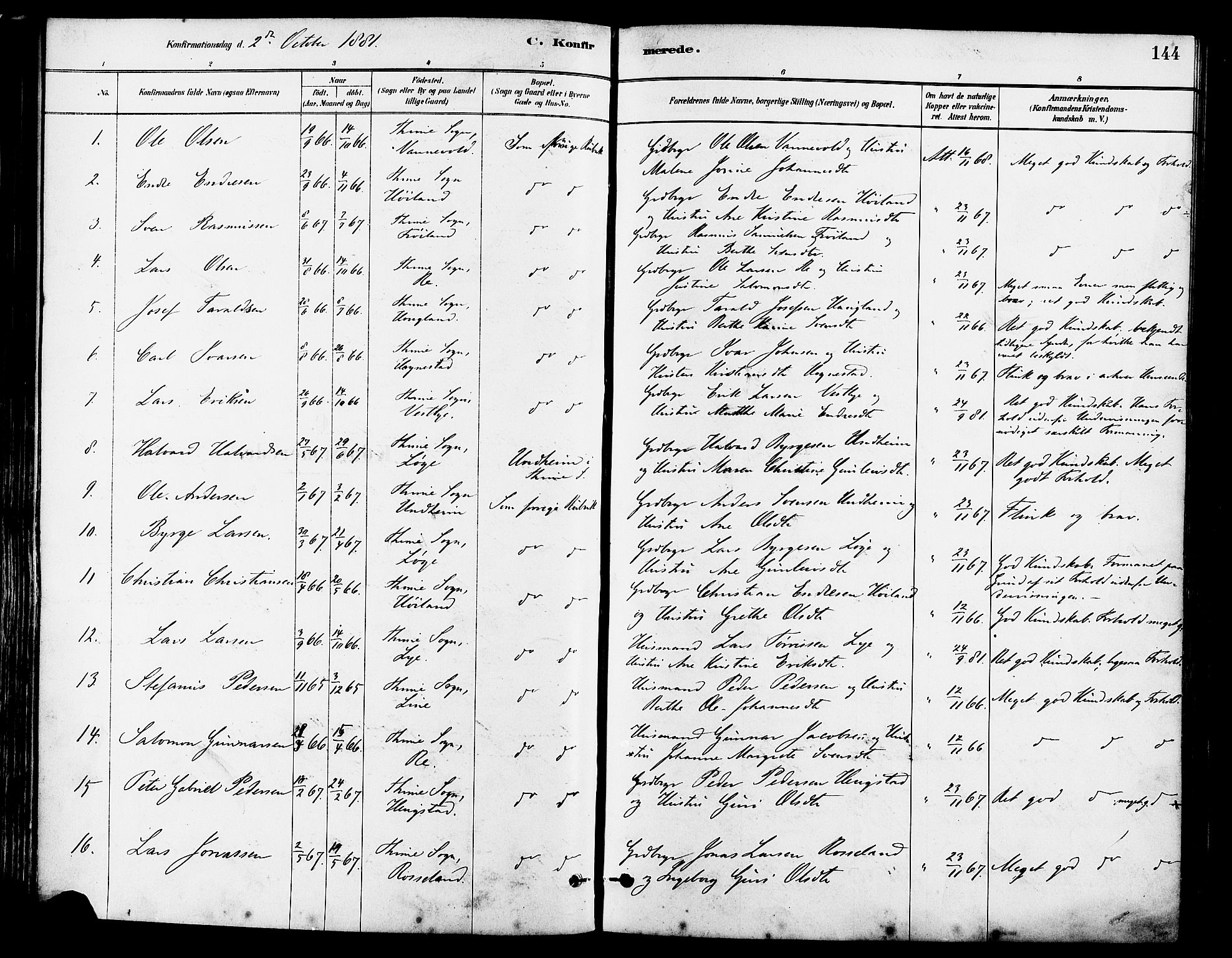 Lye sokneprestkontor, SAST/A-101794/001/30BA/L0009: Parish register (official) no. A 8, 1881-1892, p. 144