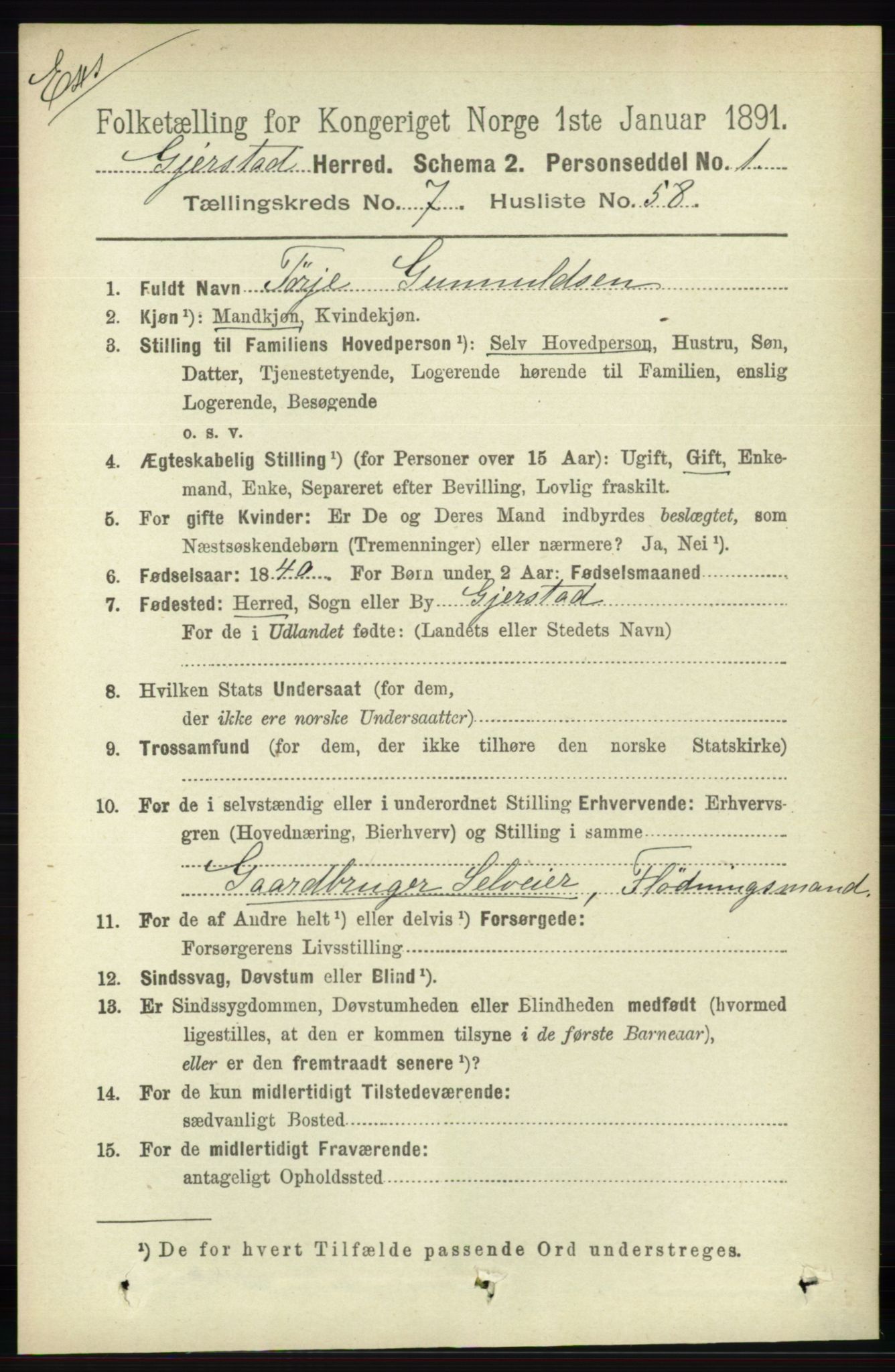 RA, Census 1891 for Nedenes amt: Gjenparter av personsedler for beslektede ektefeller, menn, 1891, p. 104