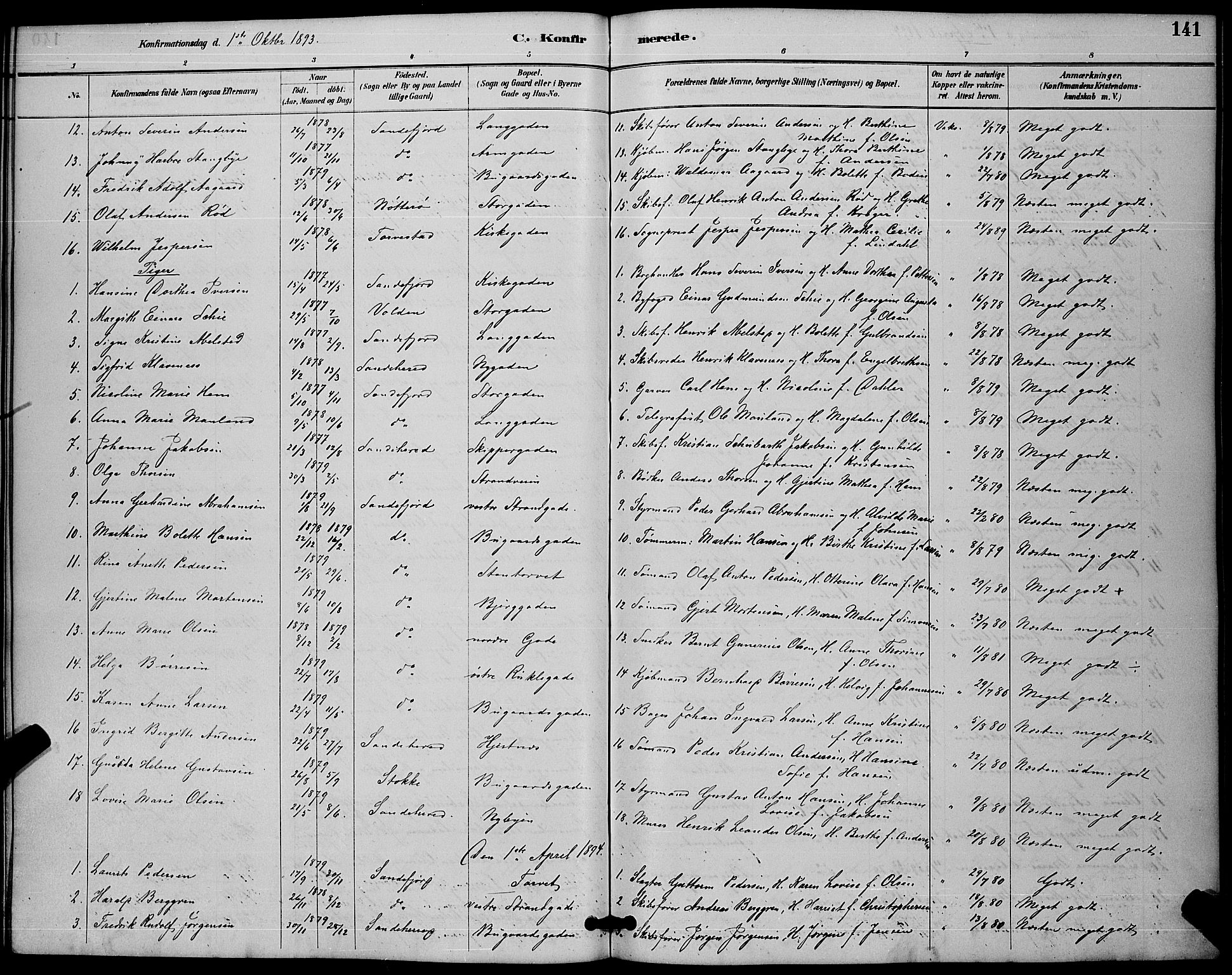 Sandefjord kirkebøker, AV/SAKO-A-315/G/Ga/L0001: Parish register (copy) no. 1, 1885-1903, p. 141