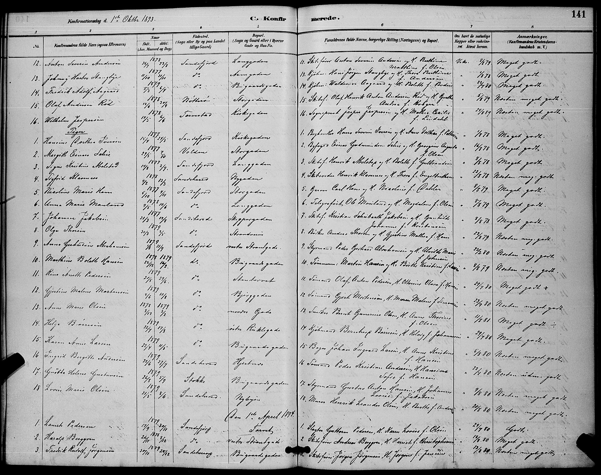 Sandefjord kirkebøker, SAKO/A-315/G/Ga/L0001: Parish register (copy) no. 1, 1885-1903, p. 141