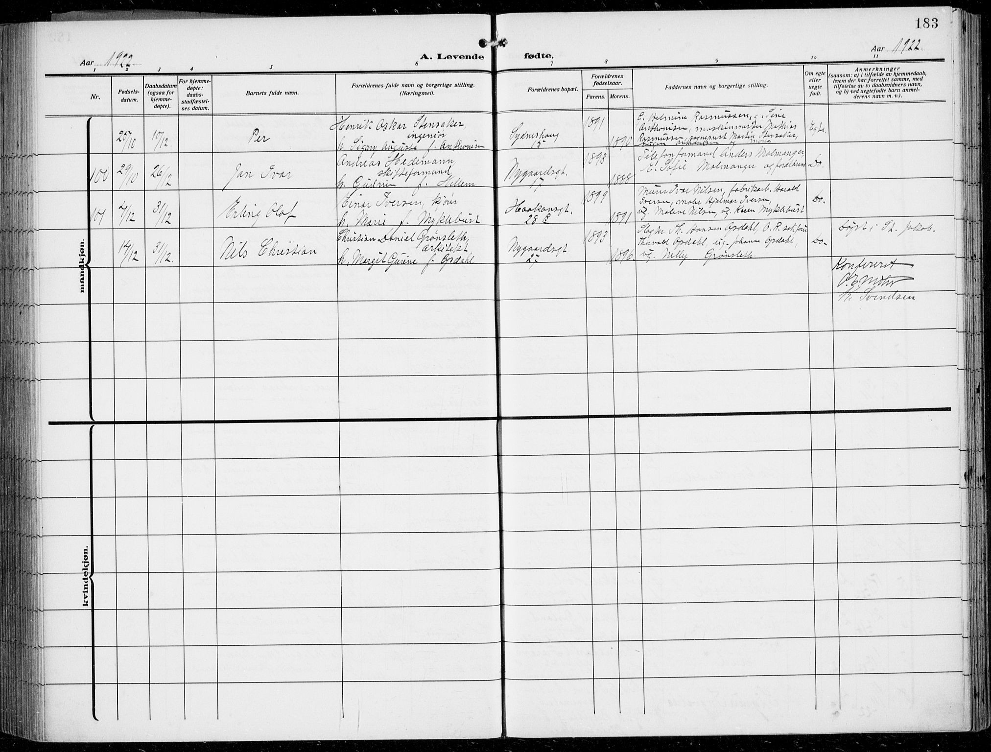 Johanneskirken sokneprestembete, AV/SAB-A-76001/H/Hab: Parish register (copy) no. A 3, 1913-1934, p. 183