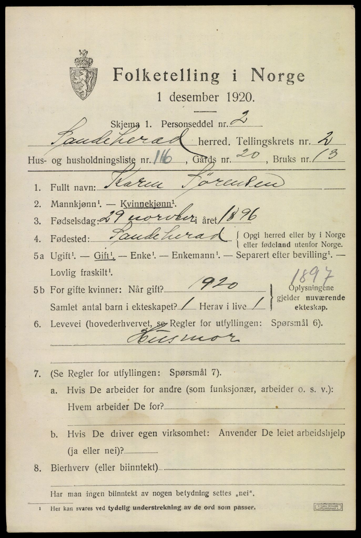 SAKO, 1920 census for Sandeherred, 1920, p. 5226