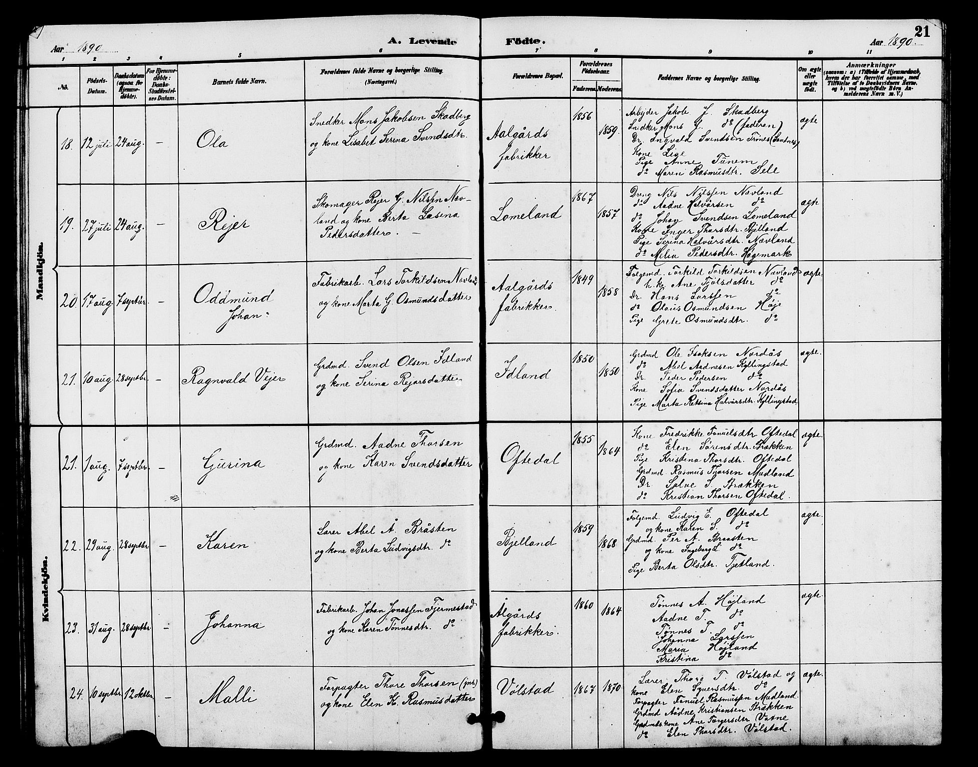 Lye sokneprestkontor, AV/SAST-A-101794/001/30BB/L0008: Parish register (copy) no. B 7, 1887-1901, p. 21