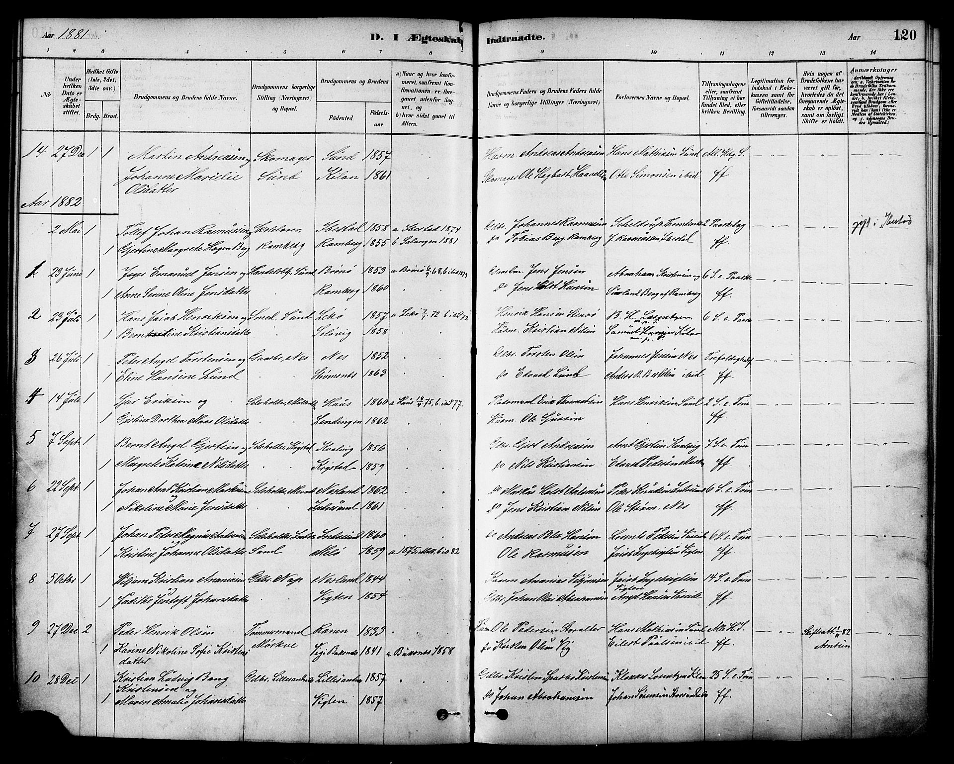 Ministerialprotokoller, klokkerbøker og fødselsregistre - Nordland, SAT/A-1459/885/L1204: Parish register (official) no. 885A05, 1878-1892, p. 120