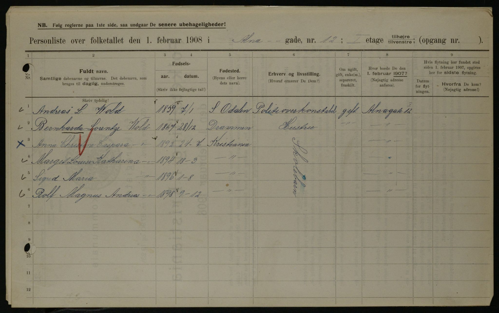 OBA, Municipal Census 1908 for Kristiania, 1908, p. 1418