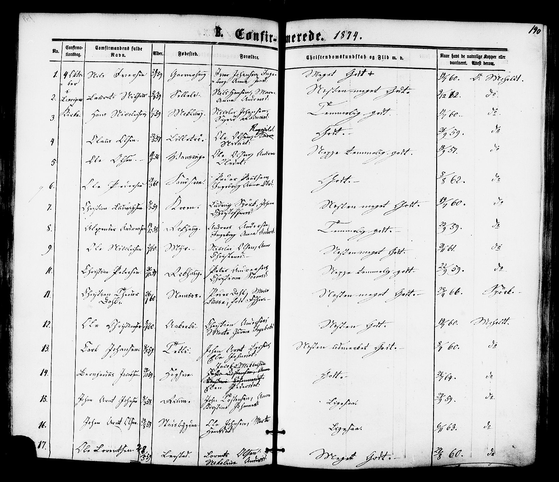 Ministerialprotokoller, klokkerbøker og fødselsregistre - Nord-Trøndelag, SAT/A-1458/701/L0009: Parish register (official) no. 701A09 /1, 1864-1882, p. 190