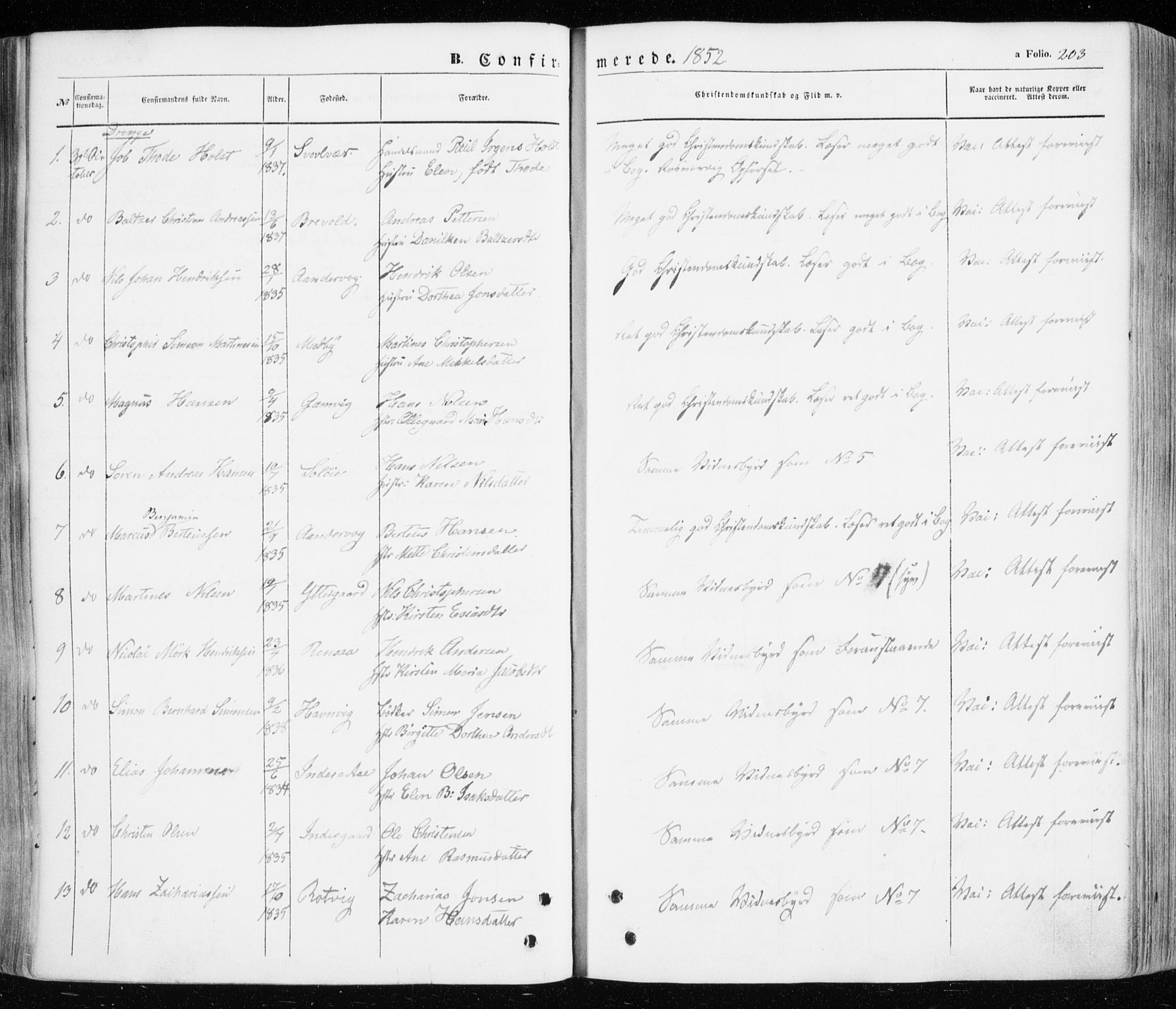 Ibestad sokneprestembete, SATØ/S-0077/H/Ha/Haa/L0008kirke: Parish register (official) no. 8, 1850-1859, p. 203