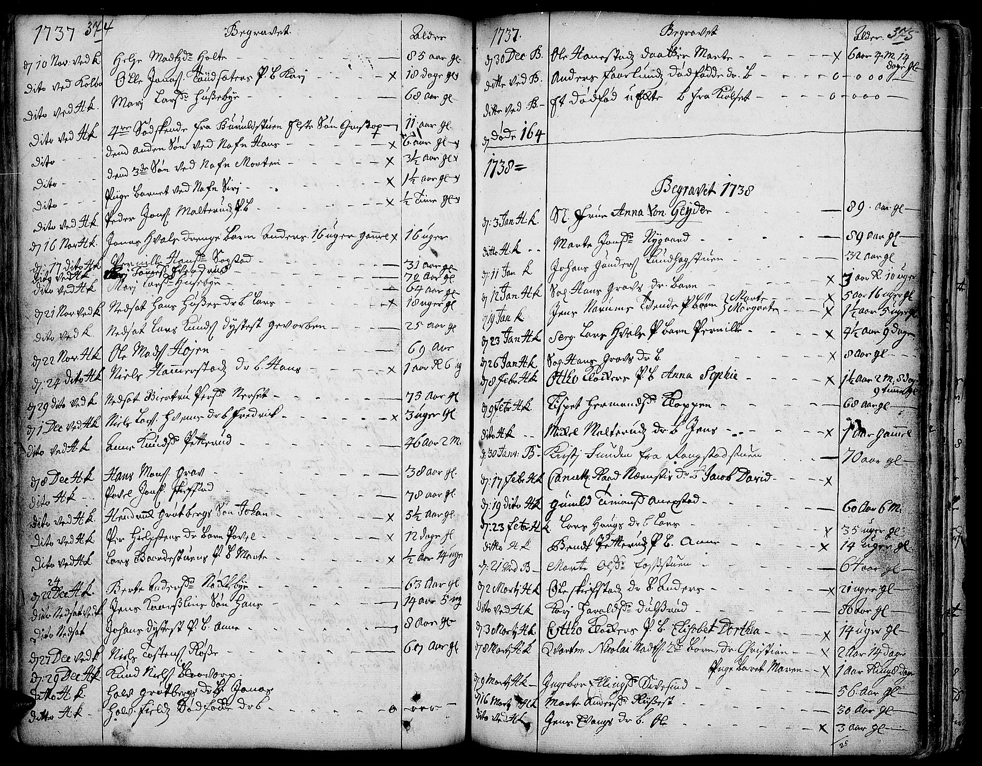 Toten prestekontor, SAH/PREST-102/H/Ha/Haa/L0003: Parish register (official) no. 3, 1734-1751, p. 374-375