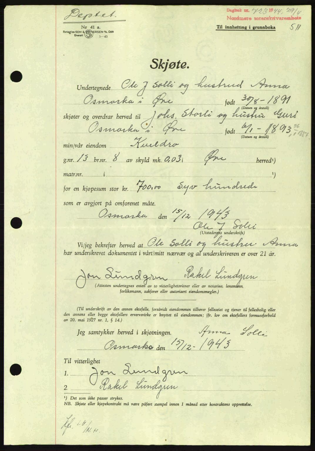 Nordmøre sorenskriveri, AV/SAT-A-4132/1/2/2Ca: Mortgage book no. A97, 1944-1944, Diary no: : 723/1944