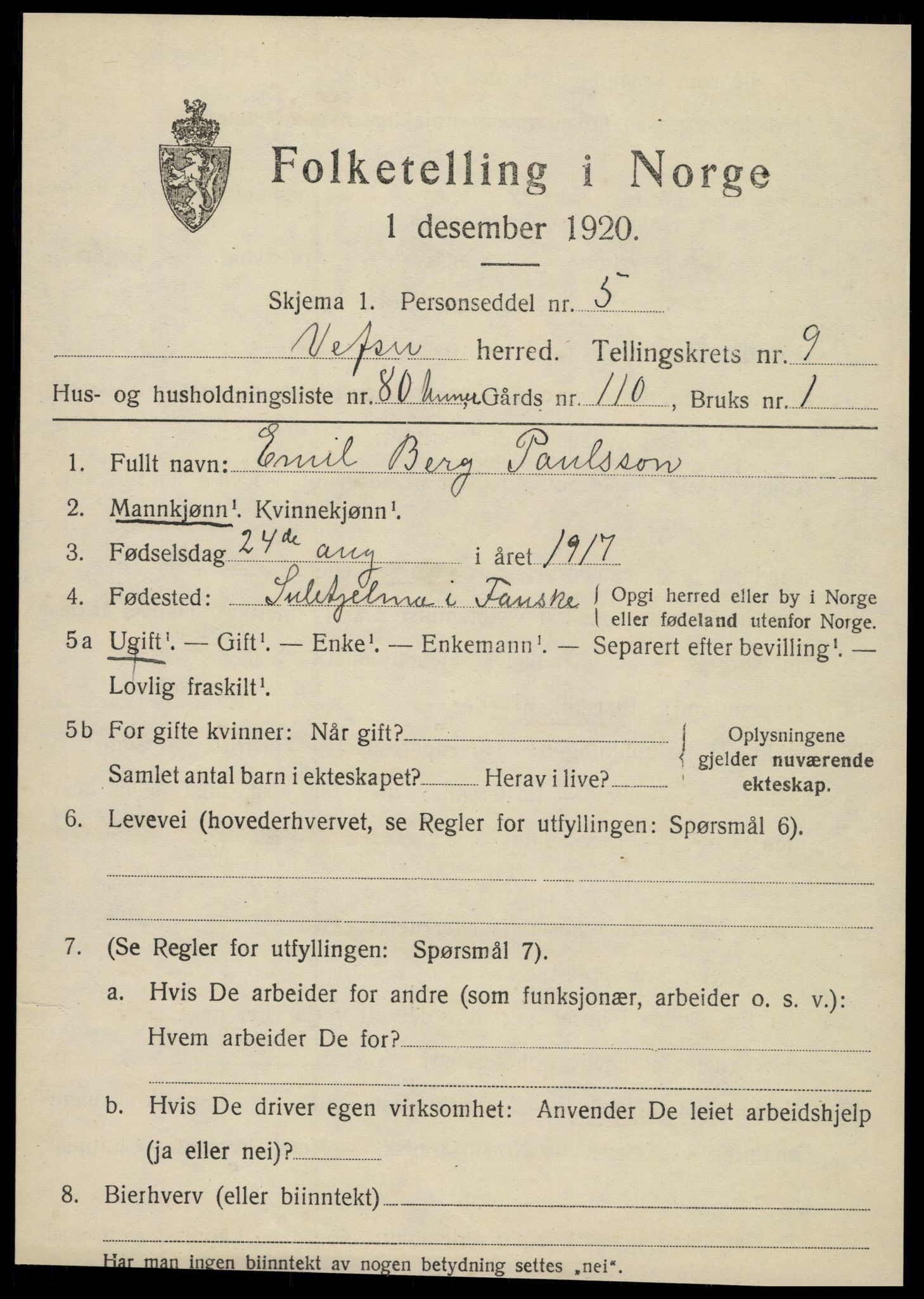 SAT, 1920 census for Vefsn, 1920, p. 6893
