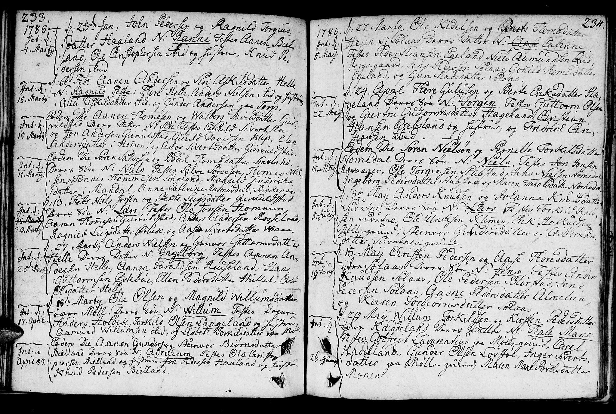 Holum sokneprestkontor, SAK/1111-0022/F/Fa/Faa/L0003: Parish register (official) no. A 3, 1780-1821, p. 233-234