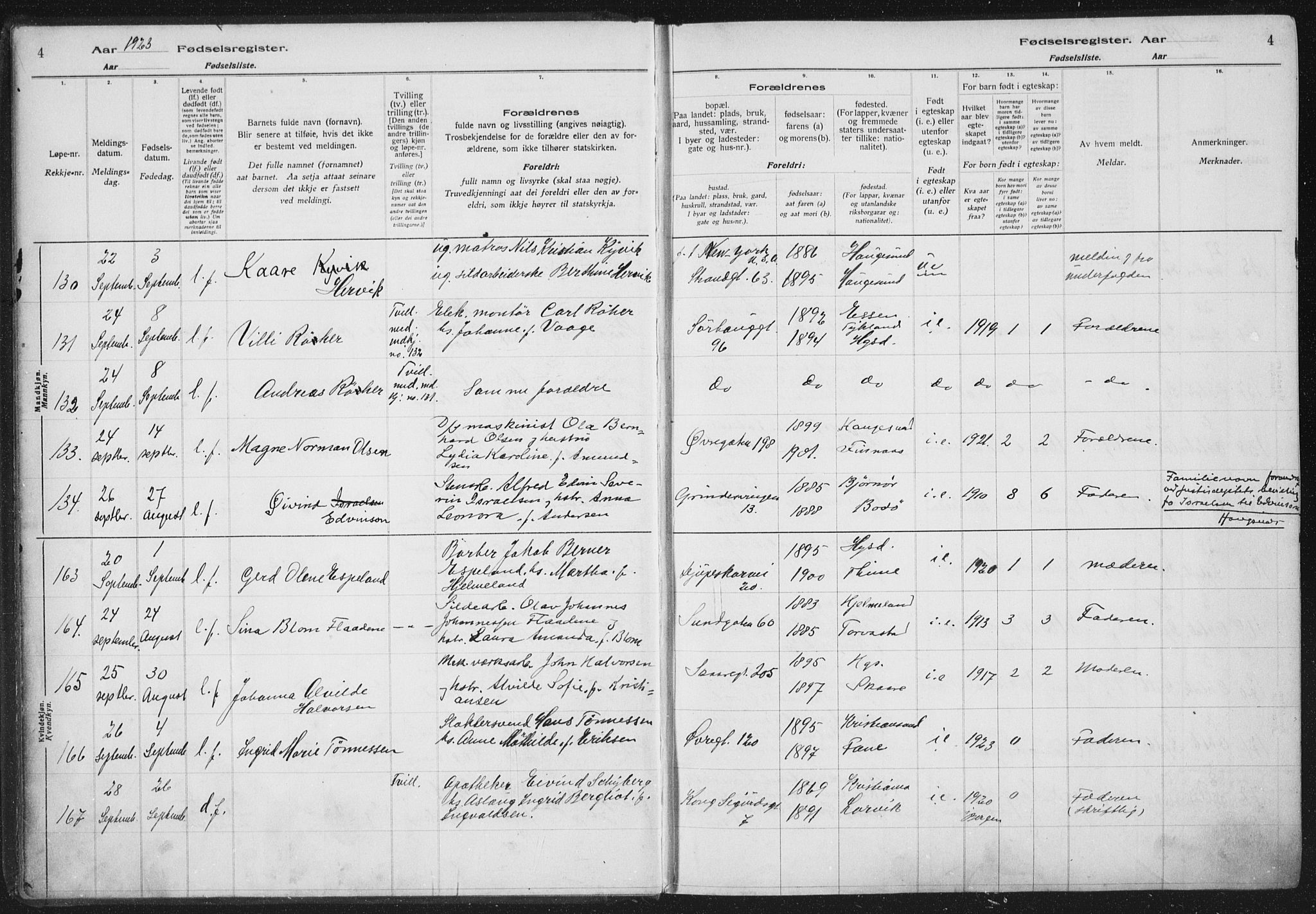 Haugesund sokneprestkontor, AV/SAST-A -101863/I/Id/L0005: Birth register no. 3, 1923-1929, p. 4