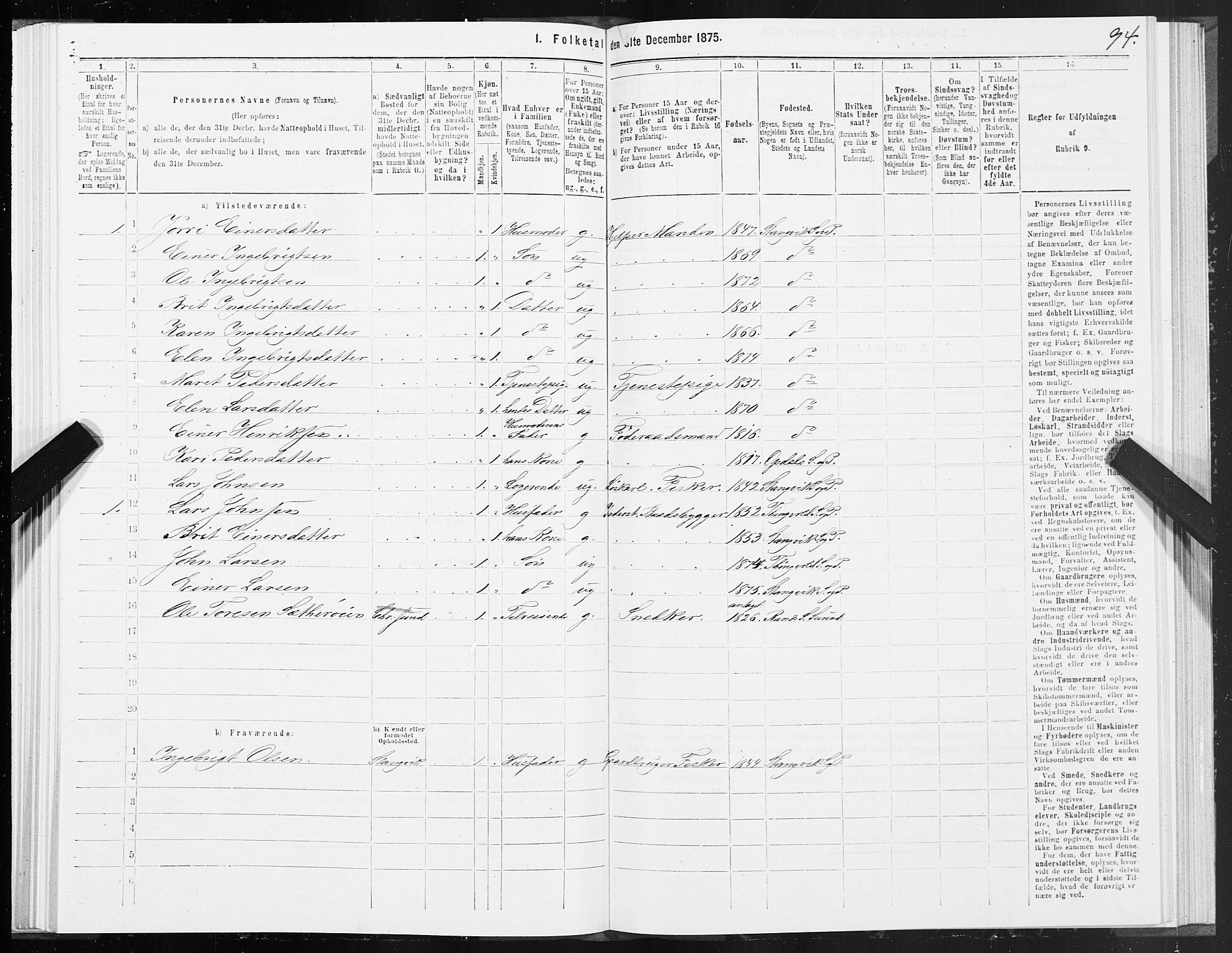 SAT, 1875 census for 1564P Stangvik, 1875, p. 2094