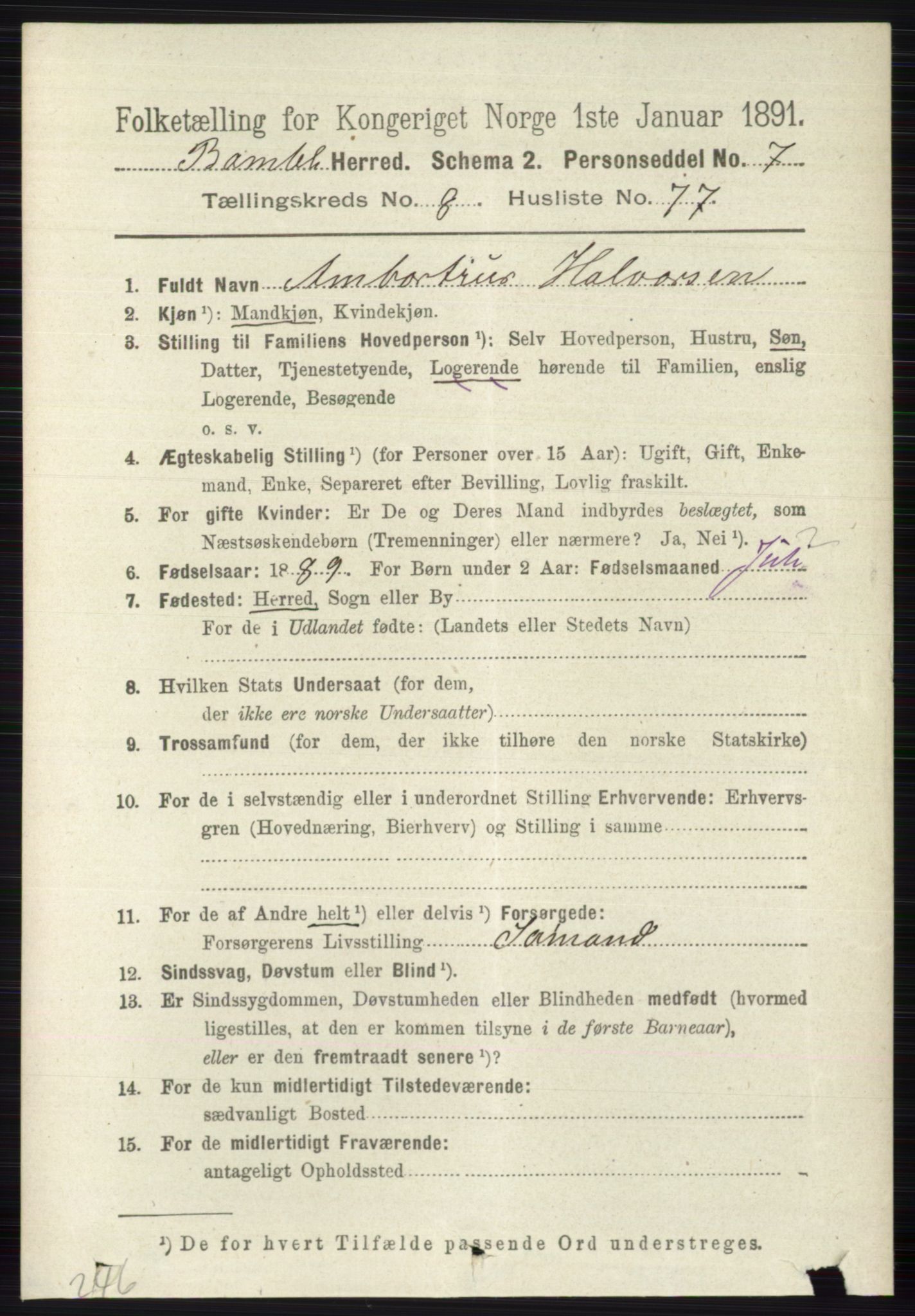 RA, 1891 census for 0814 Bamble, 1891, p. 3996