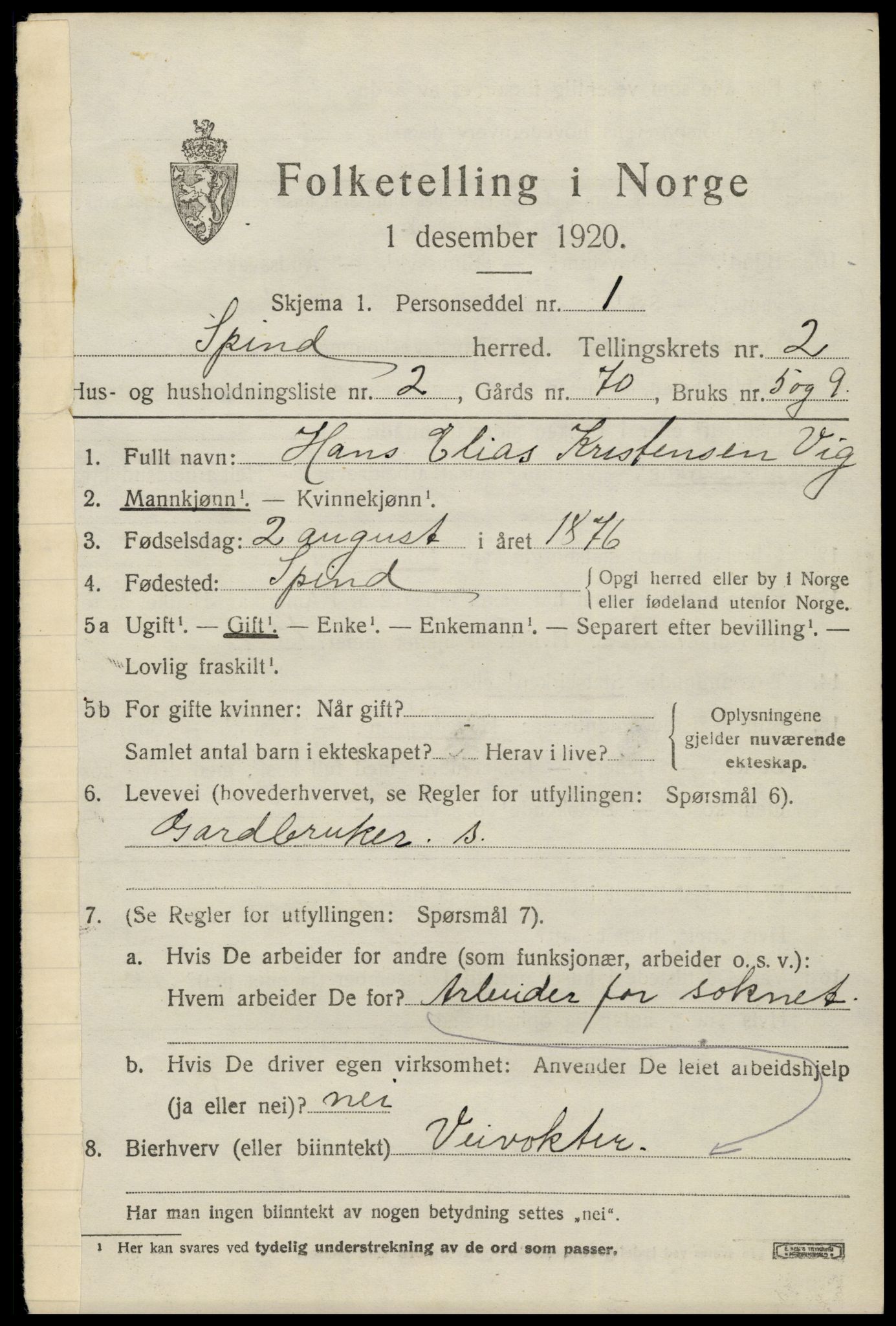 SAK, 1920 census for Spind, 1920, p. 1137