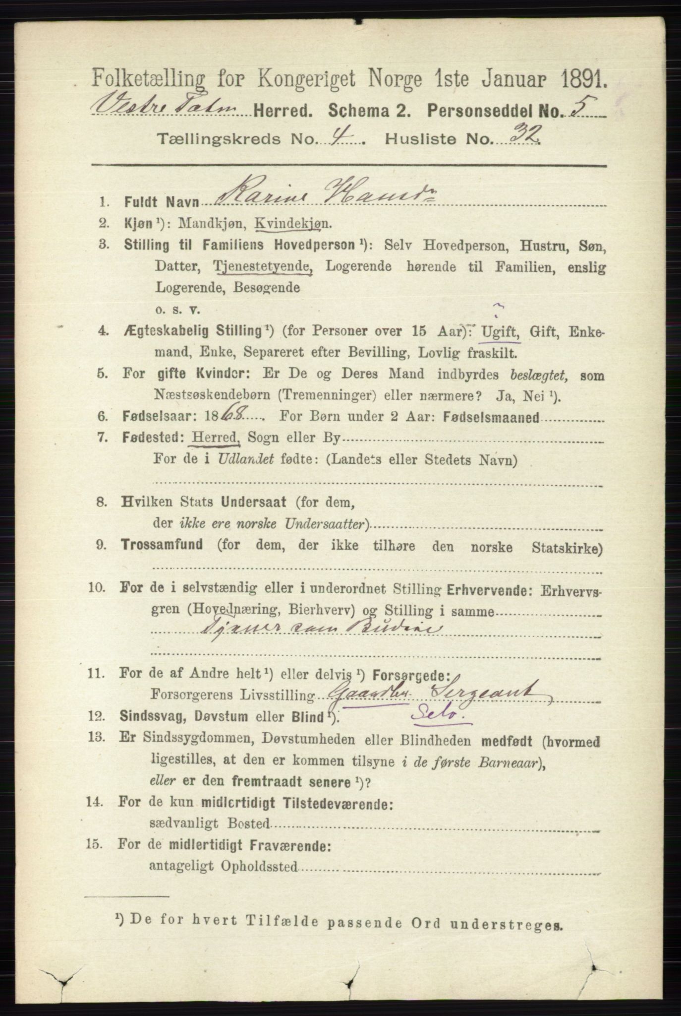 RA, 1891 census for 0529 Vestre Toten, 1891, p. 2889