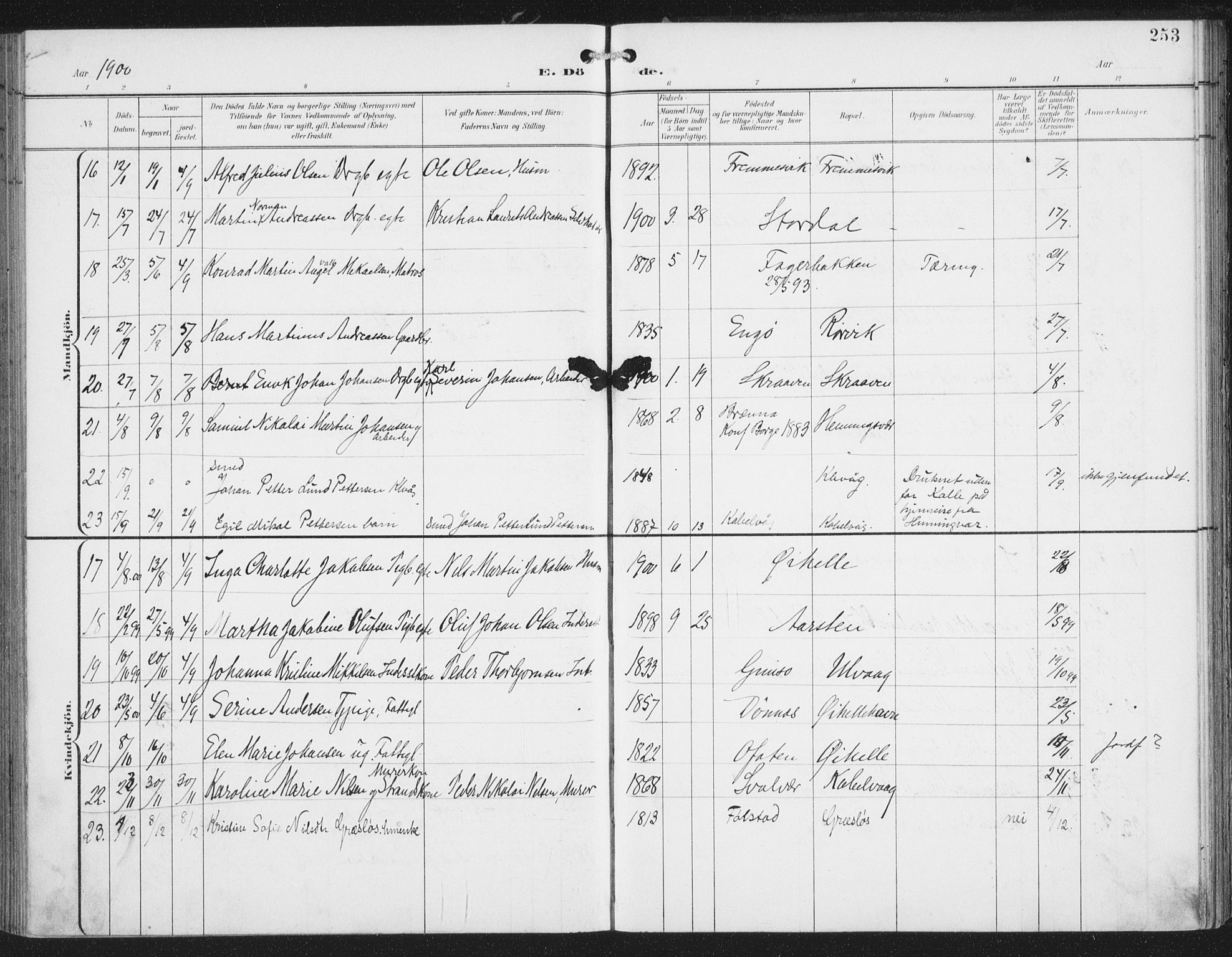 Ministerialprotokoller, klokkerbøker og fødselsregistre - Nordland, AV/SAT-A-1459/874/L1062: Parish register (official) no. 874A06, 1899-1907, p. 253