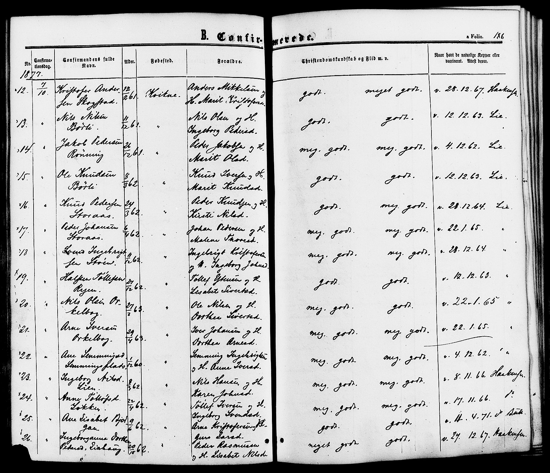Kvikne prestekontor, SAH/PREST-064/H/Ha/Haa/L0006: Parish register (official) no. 6, 1863-1886, p. 186