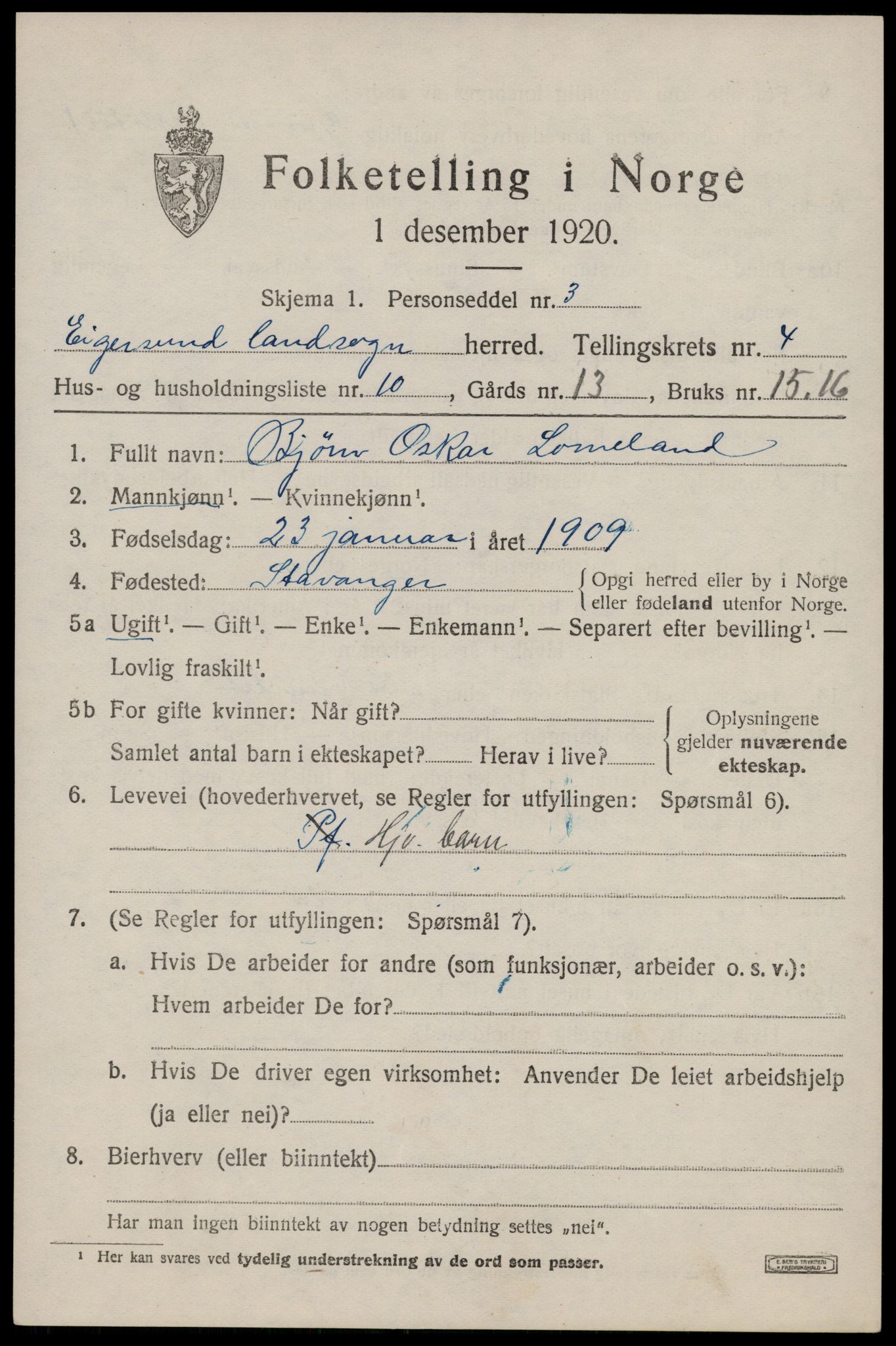 SAST, 1920 census for Eigersund, 1920, p. 2921