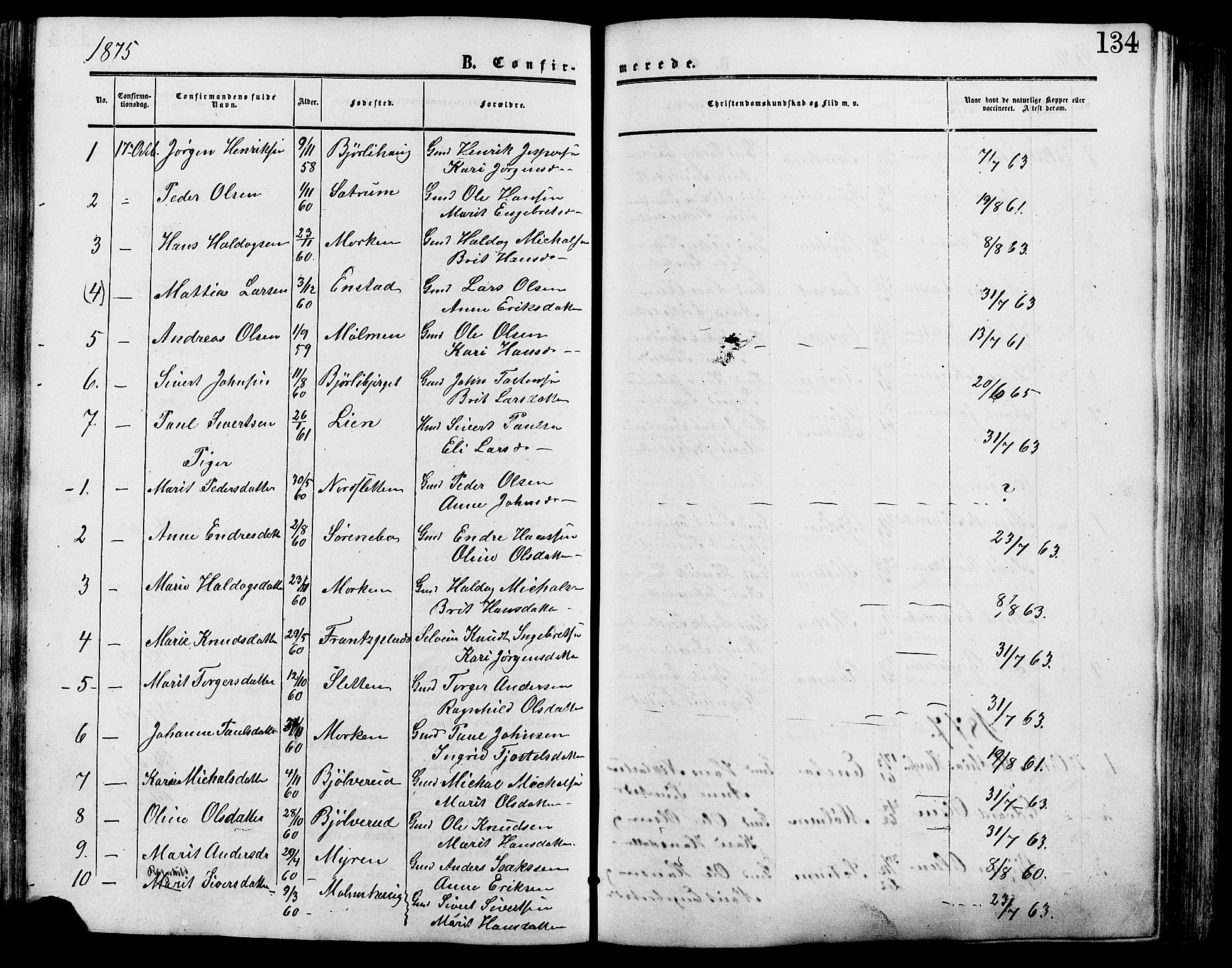 Lesja prestekontor, SAH/PREST-068/H/Ha/Haa/L0009: Parish register (official) no. 9, 1854-1889, p. 134