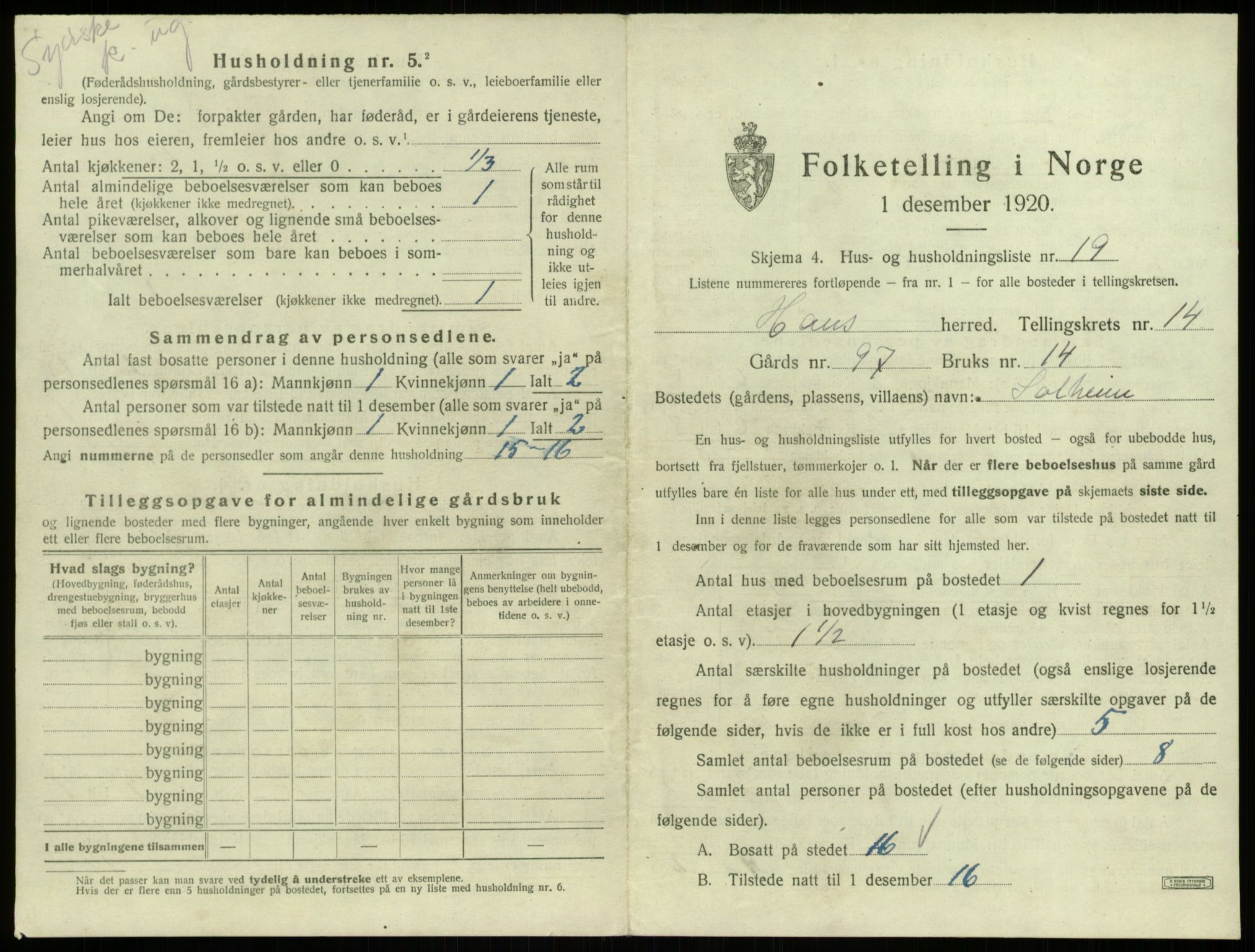 SAB, 1920 census for Haus, 1920, p. 1180