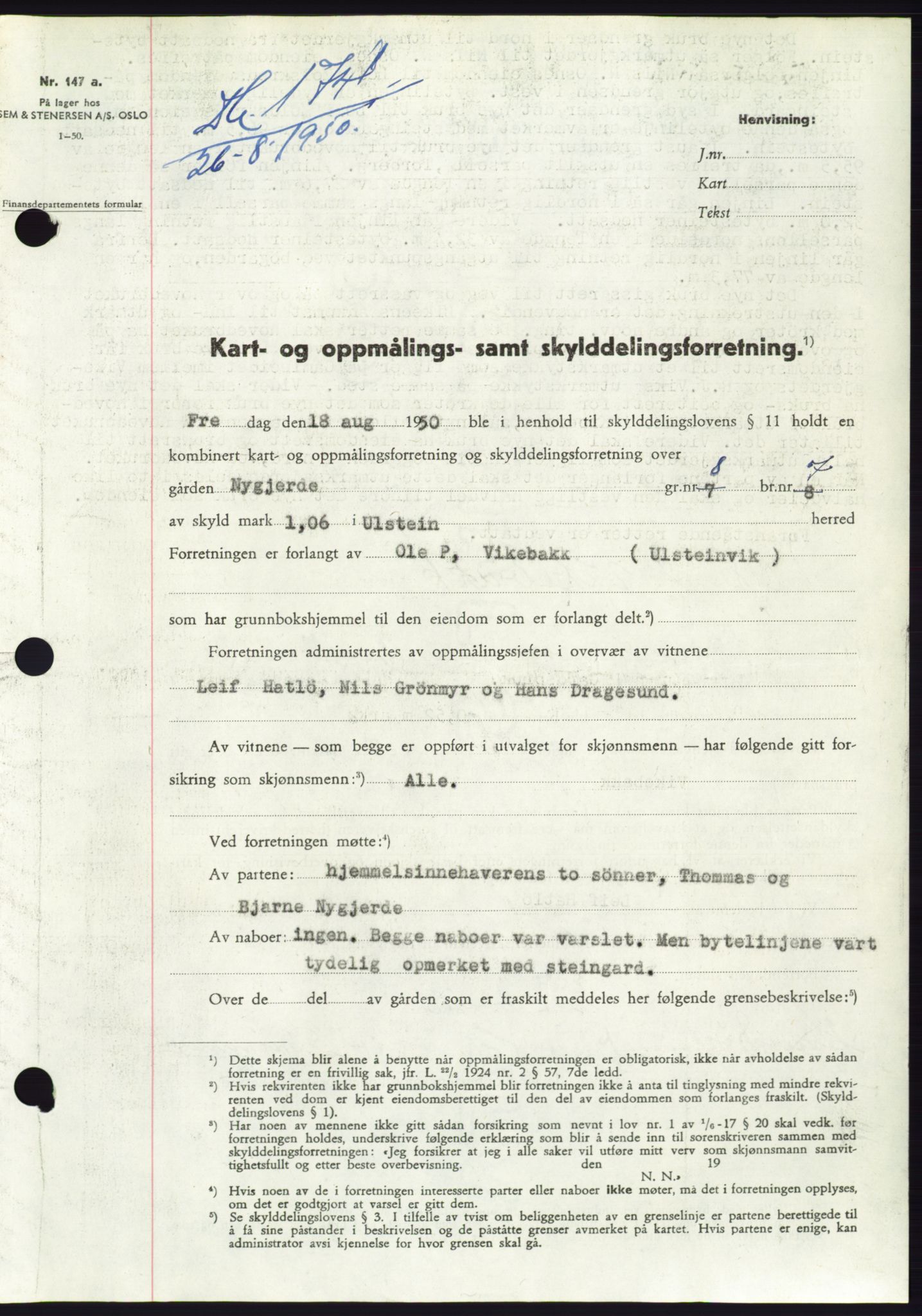 Søre Sunnmøre sorenskriveri, AV/SAT-A-4122/1/2/2C/L0087: Mortgage book no. 13A, 1950-1950, Diary no: : 1741/1950