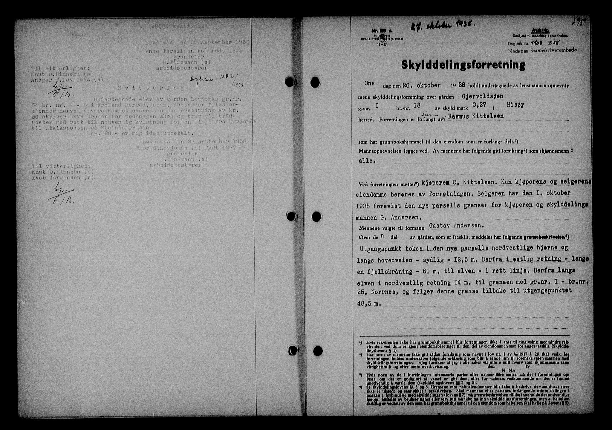 Nedenes sorenskriveri, SAK/1221-0006/G/Gb/Gba/L0045: Mortgage book no. 41, 1938-1938, Diary no: : 1103/1938