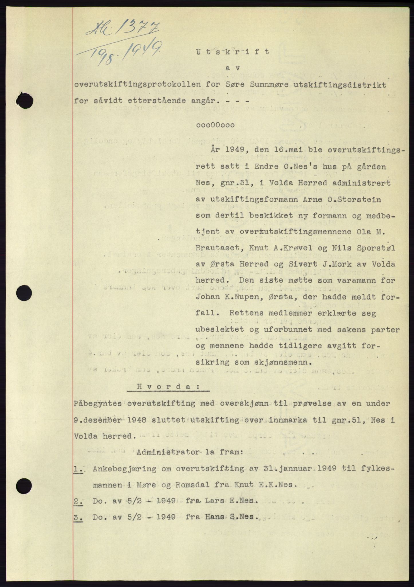 Søre Sunnmøre sorenskriveri, AV/SAT-A-4122/1/2/2C/L0085: Mortgage book no. 11A, 1949-1949, Diary no: : 1377/1949