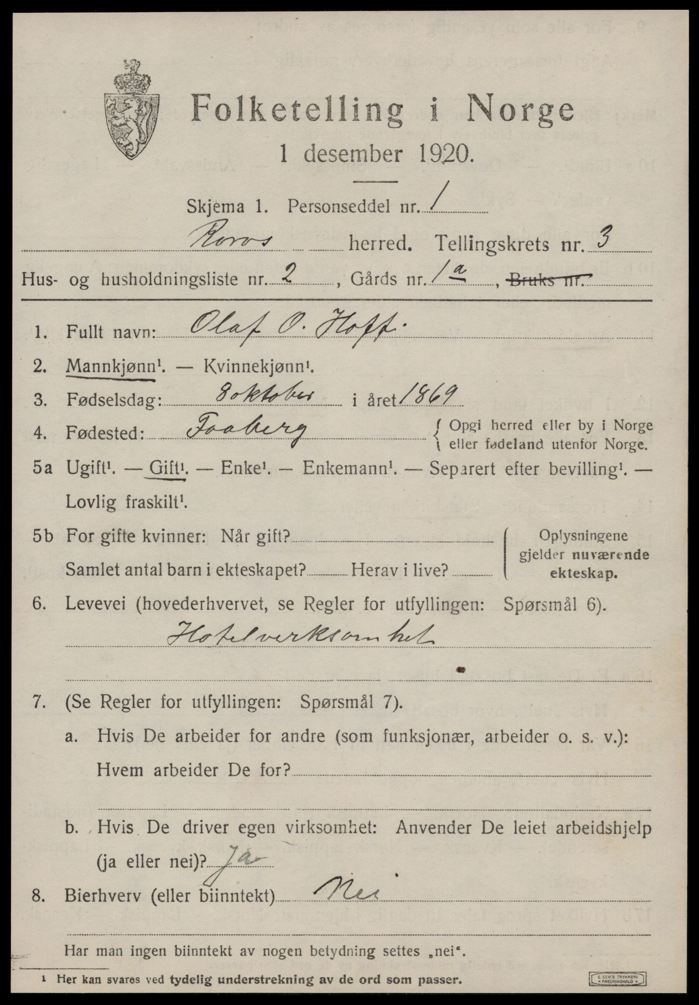 SAT, 1920 census for Røros, 1920, p. 3912