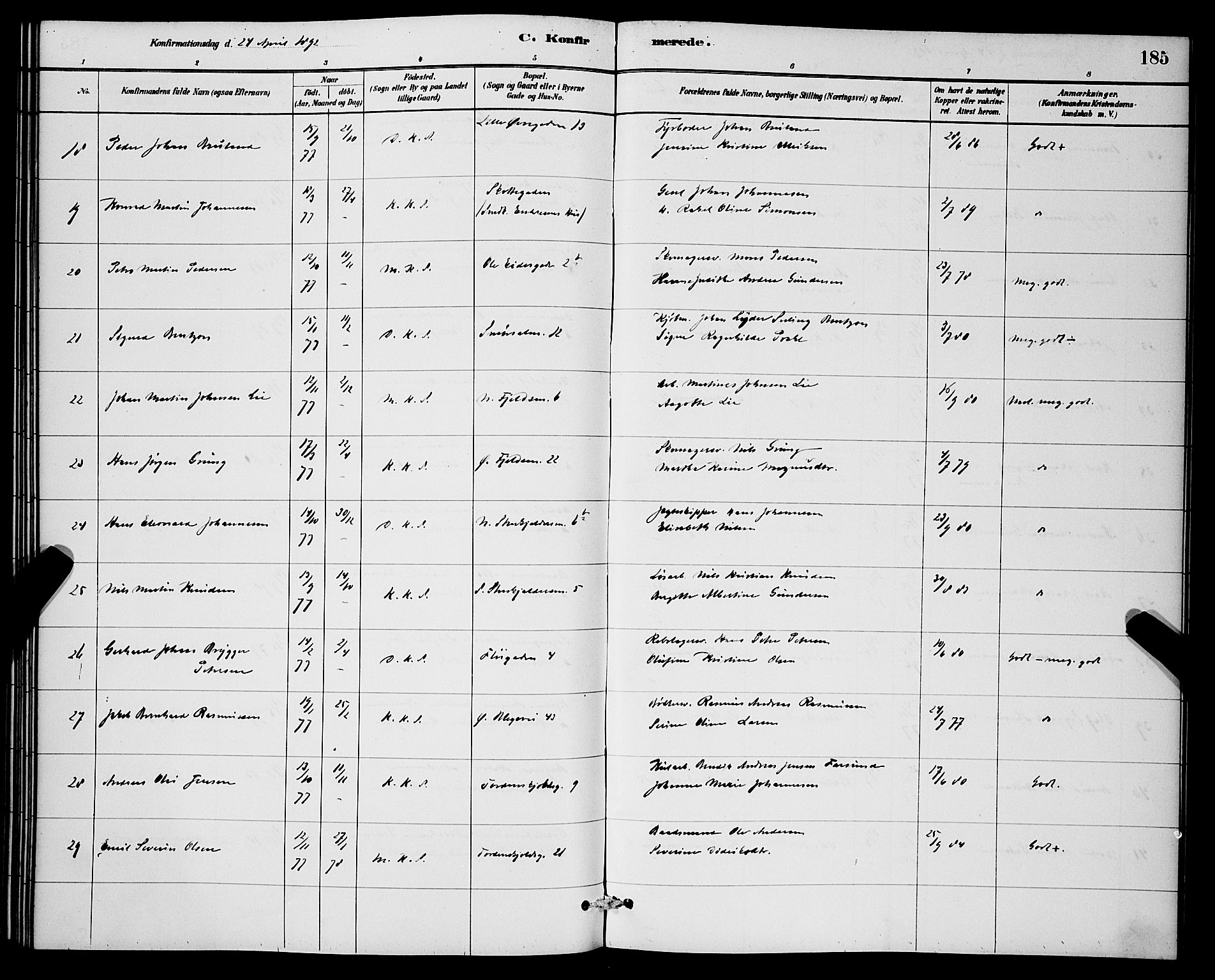 Korskirken sokneprestembete, AV/SAB-A-76101/H/Hab: Parish register (copy) no. C 3, 1880-1892, p. 185