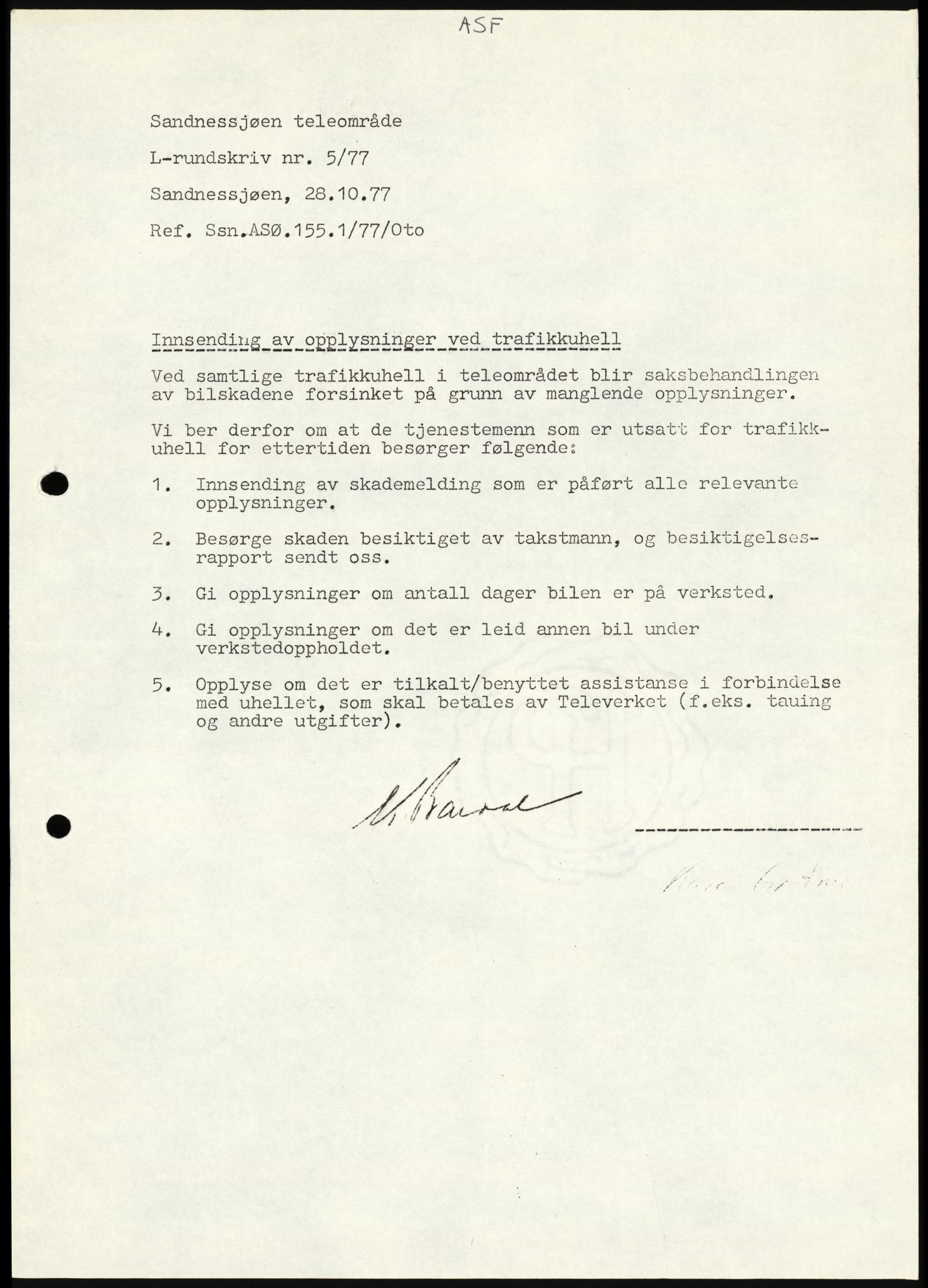 Televerket, Sandnessjøen teleområde, AV/SAT-A-5303/F/L0056: Lokale rundskriv (L-rundskriv), 1977-1995, p. 4