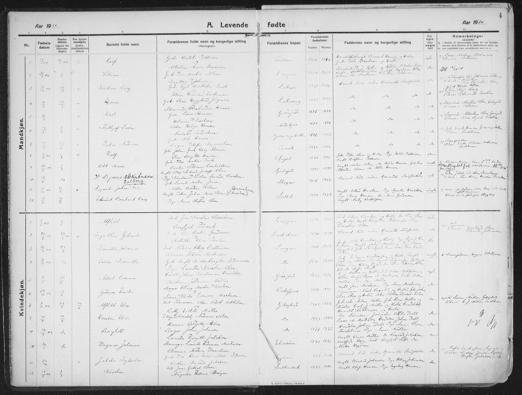 Lenvik sokneprestembete, SATØ/S-1310/H/Ha/Haa/L0016kirke: Parish register (official) no. 16, 1910-1924, p. 4