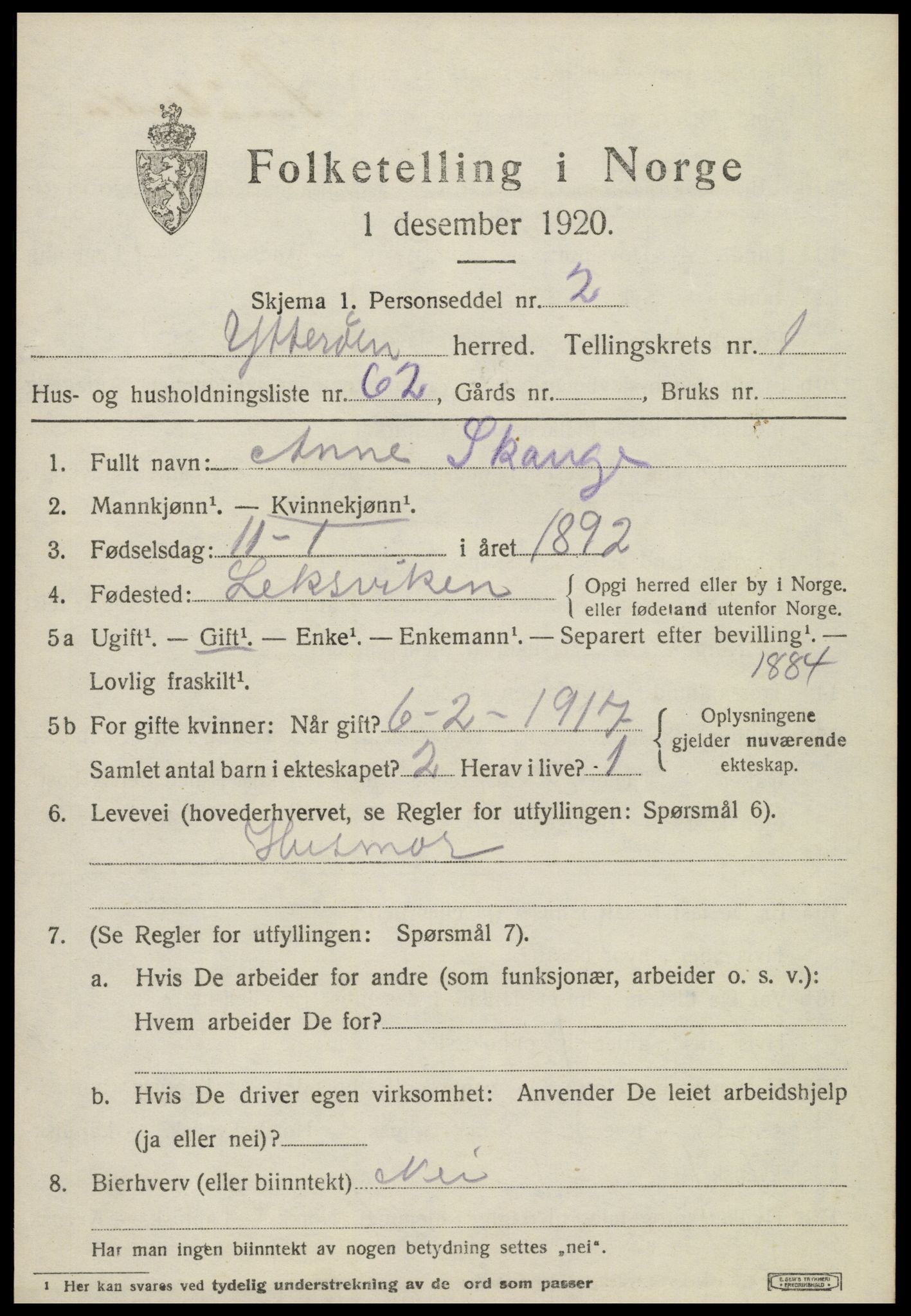 SAT, 1920 census for Ytterøy, 1920, p. 845