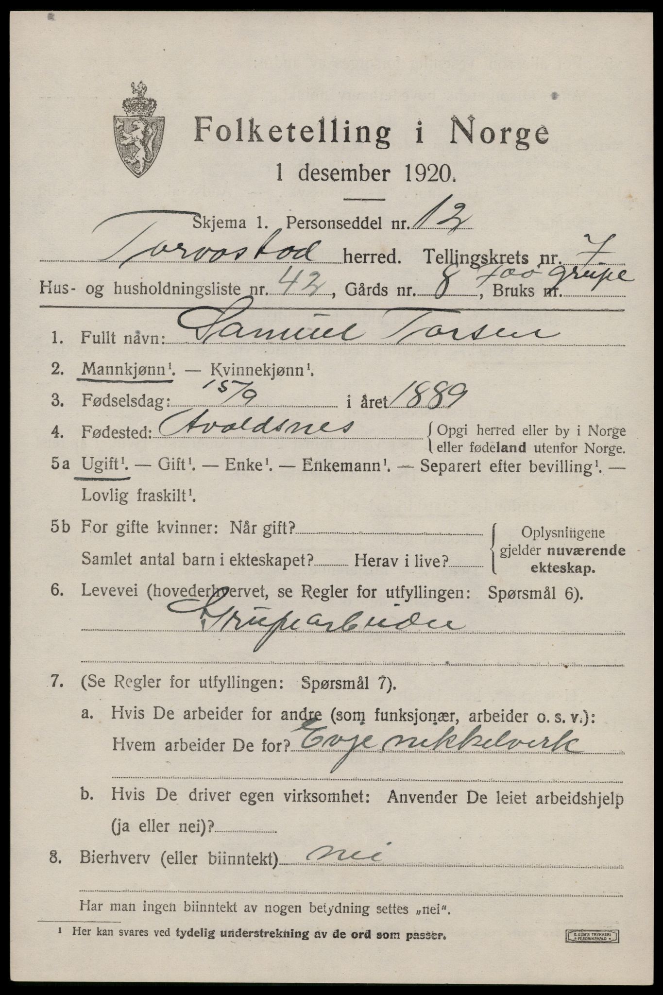 SAST, 1920 census for Torvastad, 1920, p. 5614