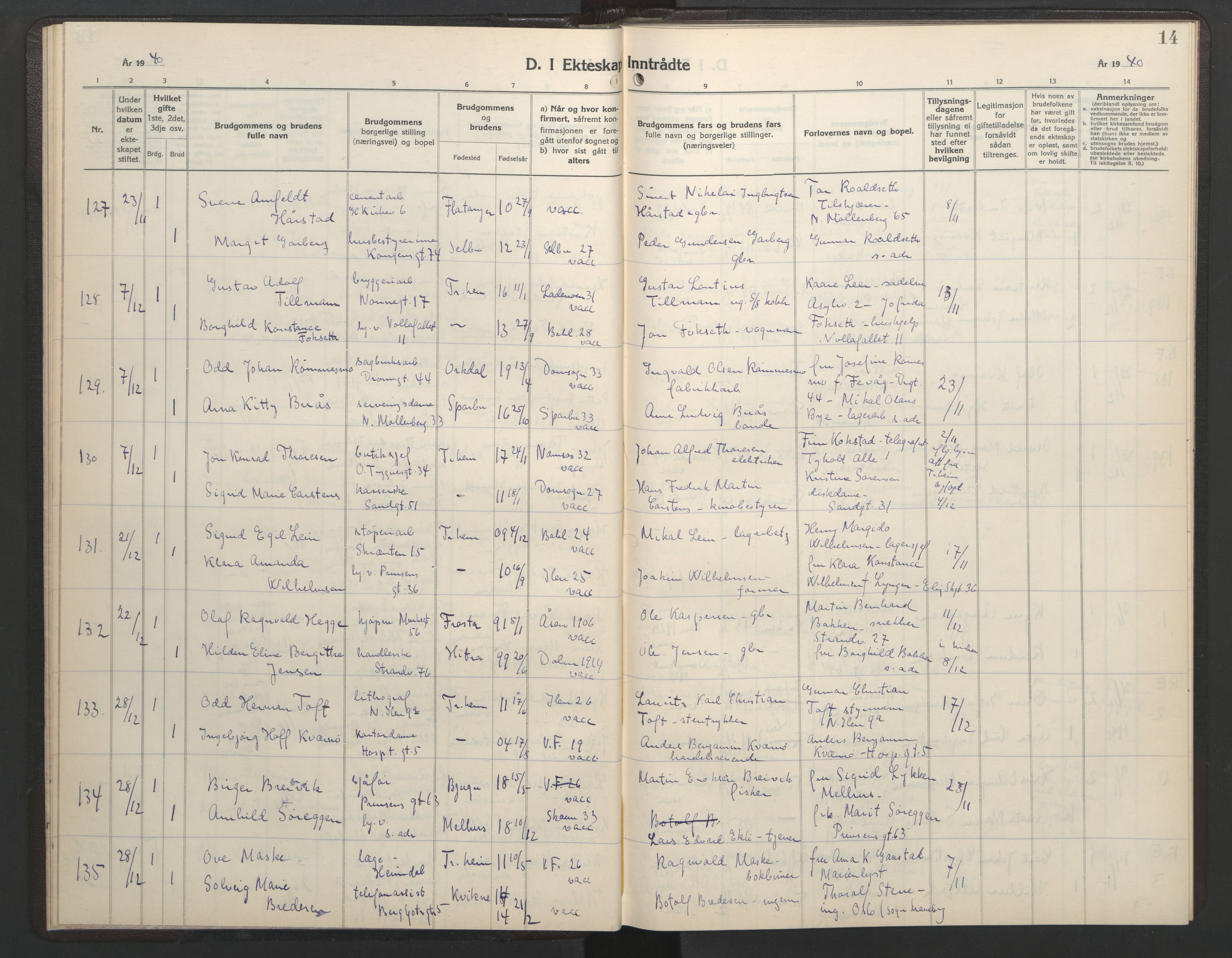 Ministerialprotokoller, klokkerbøker og fødselsregistre - Sør-Trøndelag, SAT/A-1456/602/L0154: Parish register (copy) no. 602C22, 1940-1947, p. 14